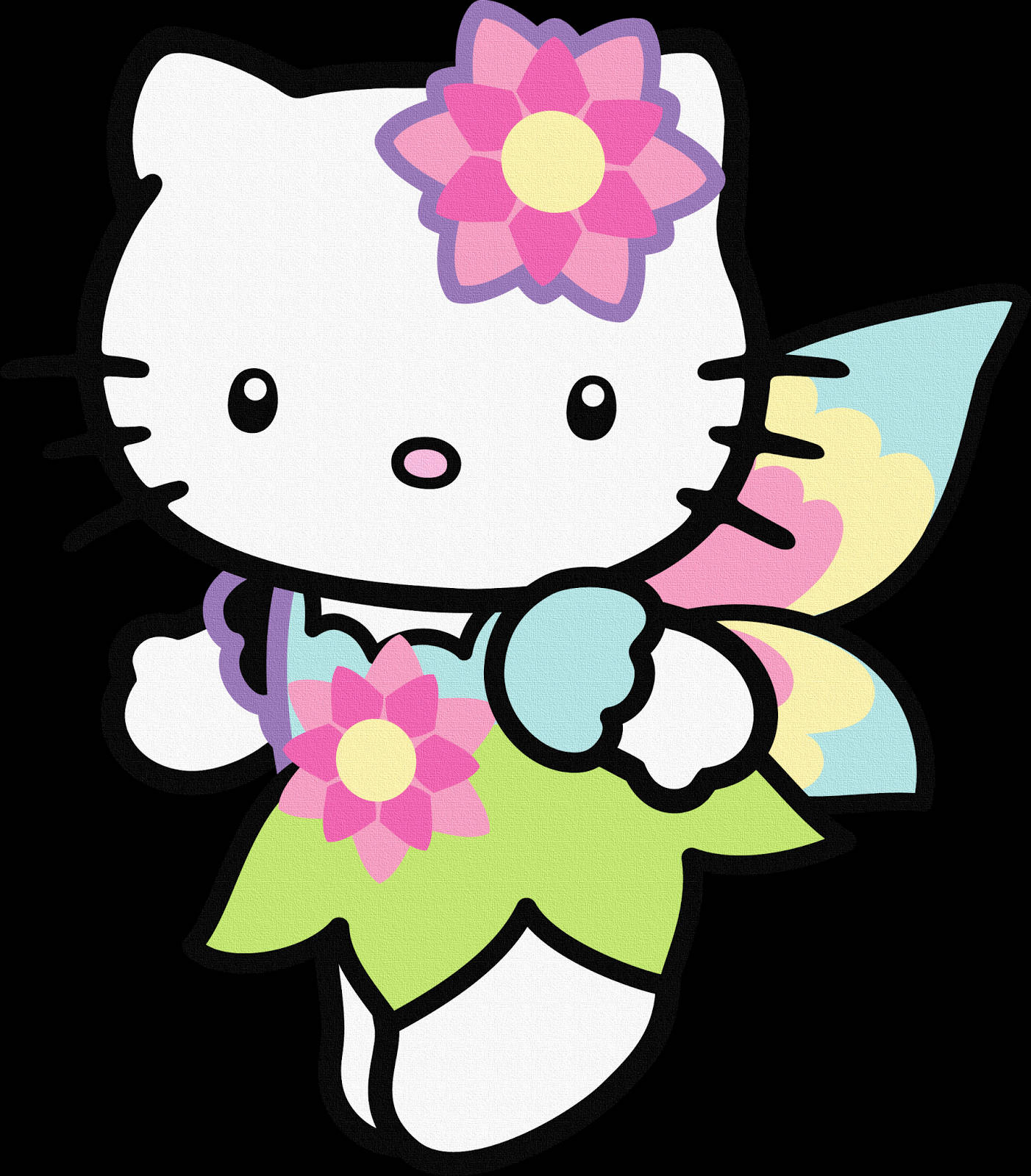 魔法精靈造型Hello Kitty卡通頭像 壁紙 — Hello Kitty 化身為色彩繽紛的仙子，戴著粉紅色花朵頭飾和翅膀，在黑色背景前手持花朵。
