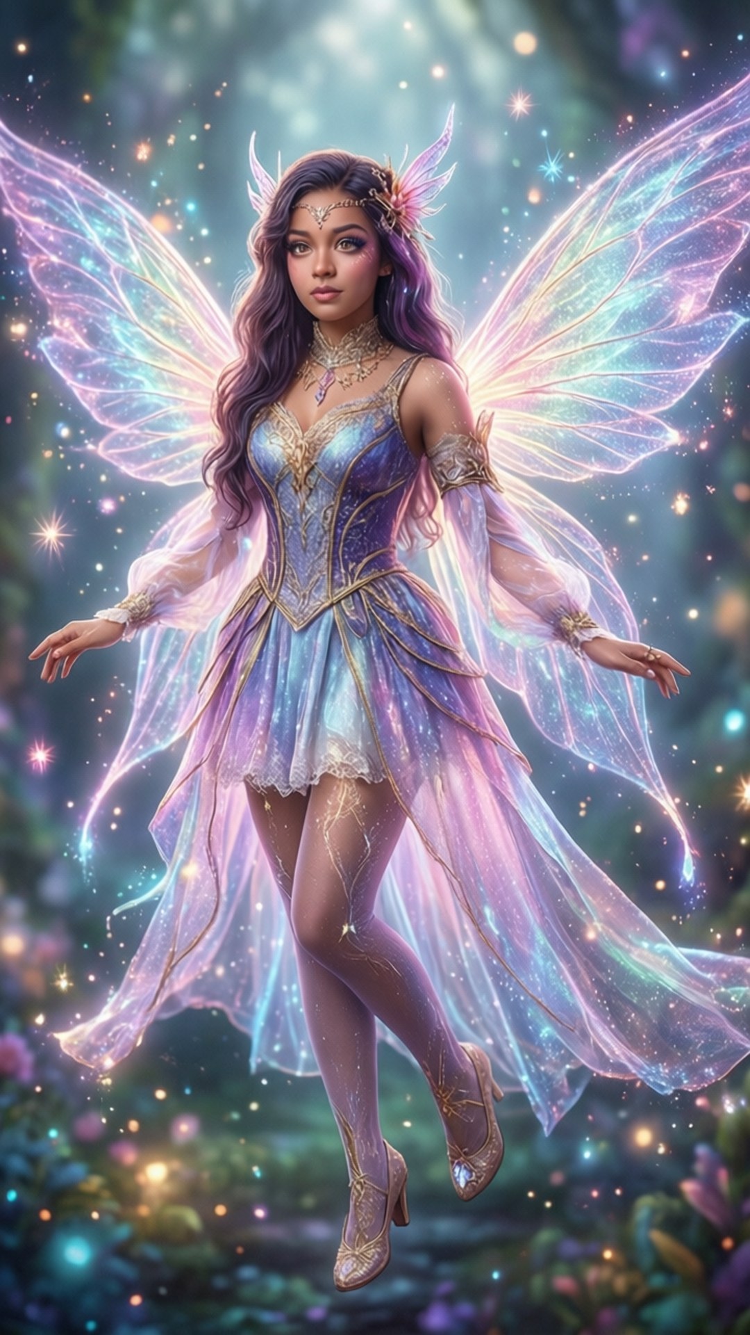 魔法精靈閃耀 壁紙 — 一位發光的仙子，擁有彩虹色的翅膀，漂浮在閃爍的星星和魔法森林的樹葉之間。