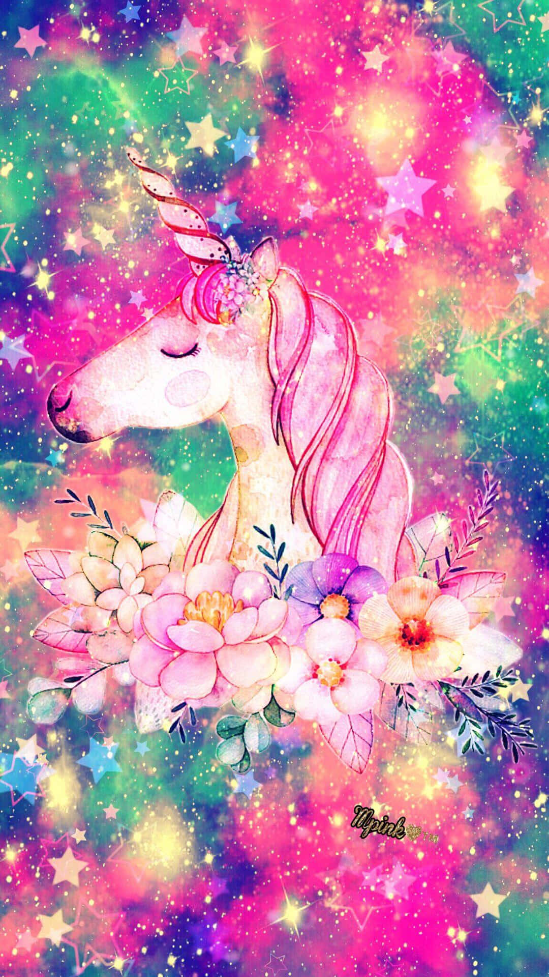 在色彩繽紛的星空空間中，一隻被花朵包圍的粉紅色獨角獸。
