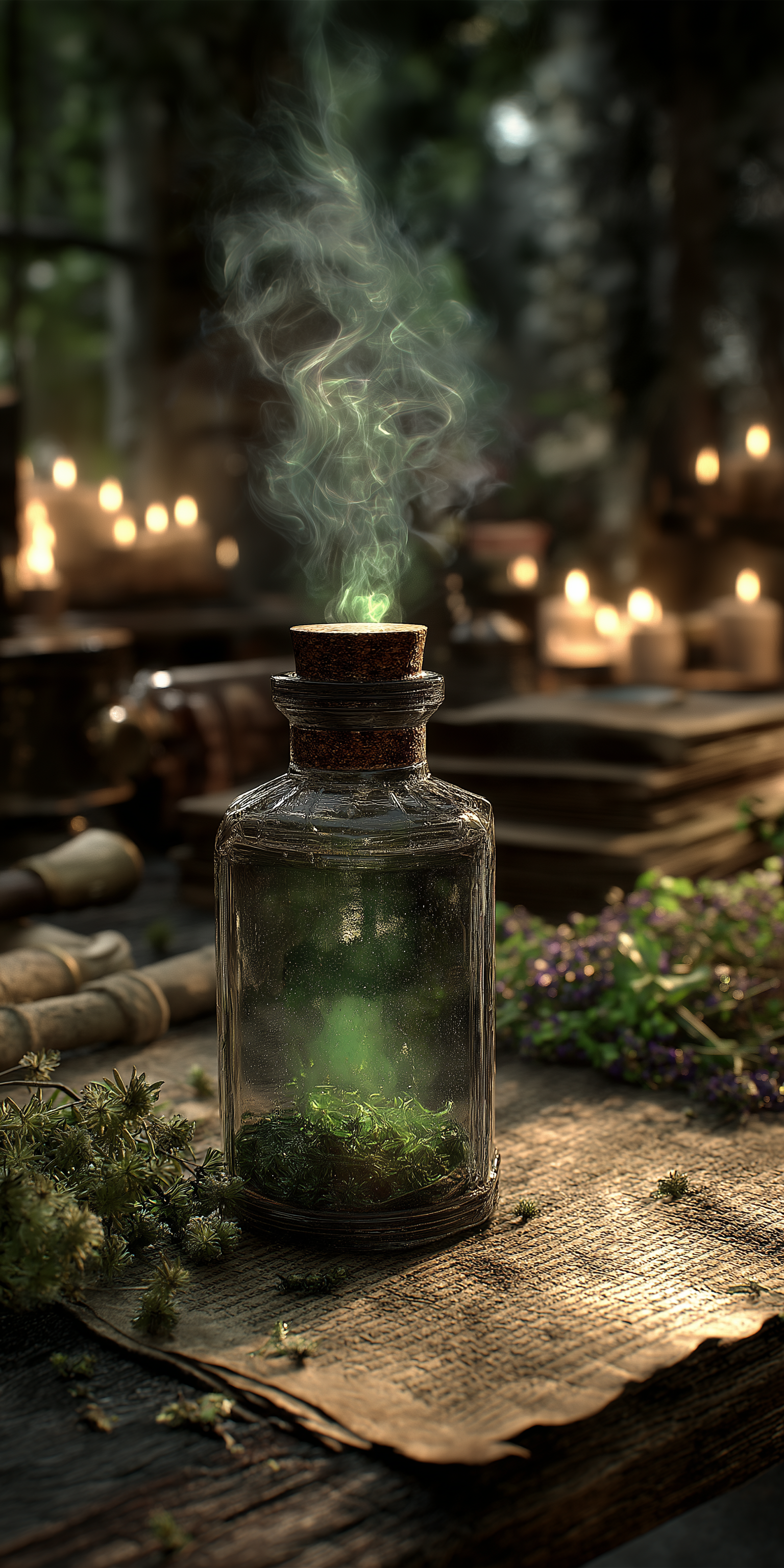 魔法綠色藥水瓶 壁紙 — 一個帶軟木塞的玻璃瓶在神秘森林環境中，於一張被草藥和點燃蠟燭環繞的古老木桌上散發出綠色煙霧。