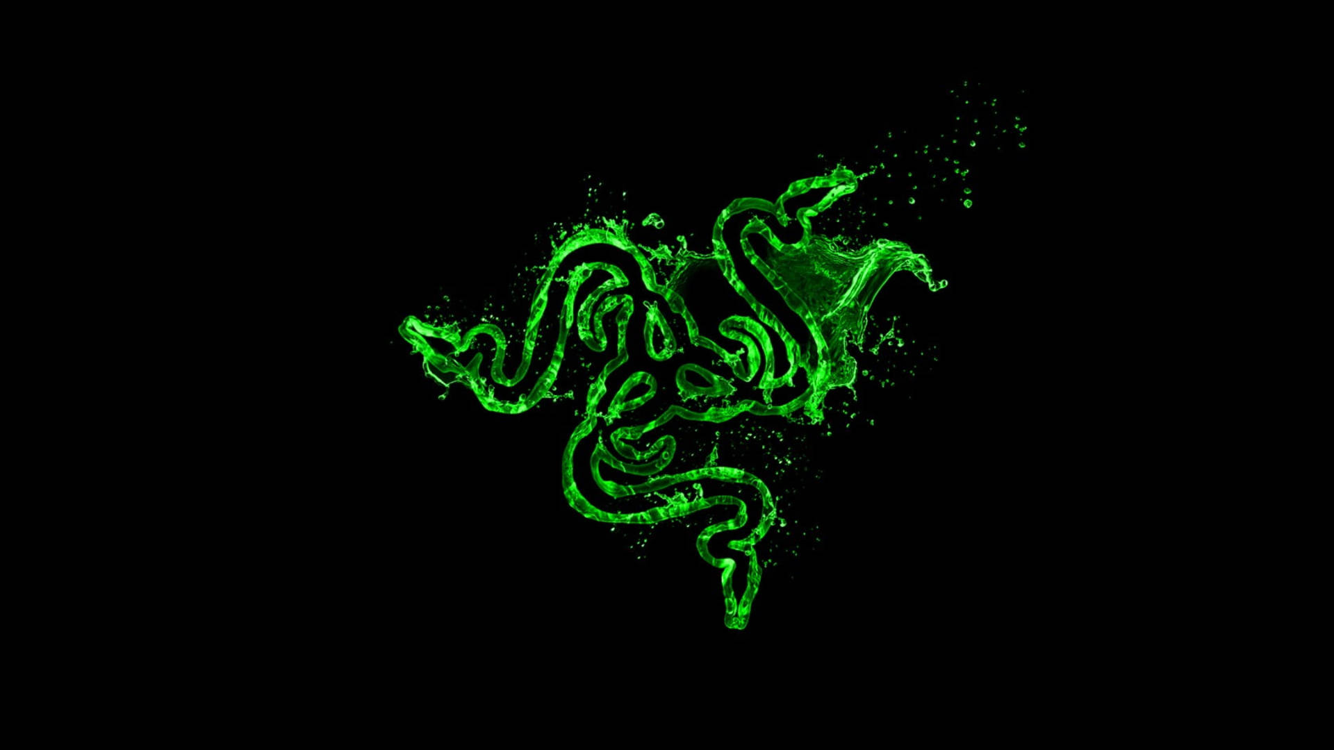 魔法綠龍翱翔天際 壁紙 — 發光綠色Razer標誌在純黑色背景上動態飛濺。