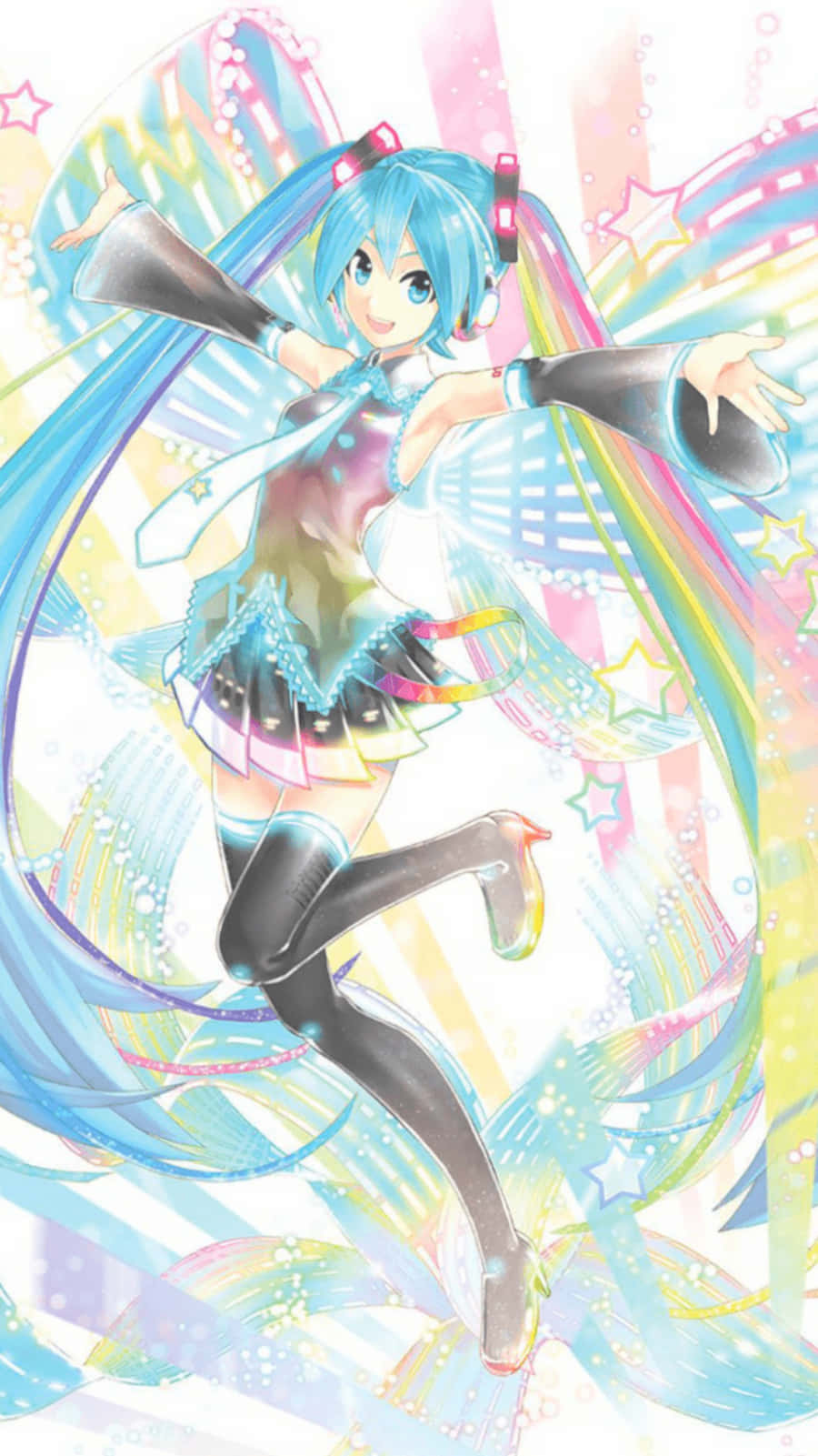 魔法繽紛的初音未來手機 壁紙 — 擁有藍綠色雙馬尾的動漫角色在旋轉的彩虹絲帶和閃爍星星中歡快地跳舞。