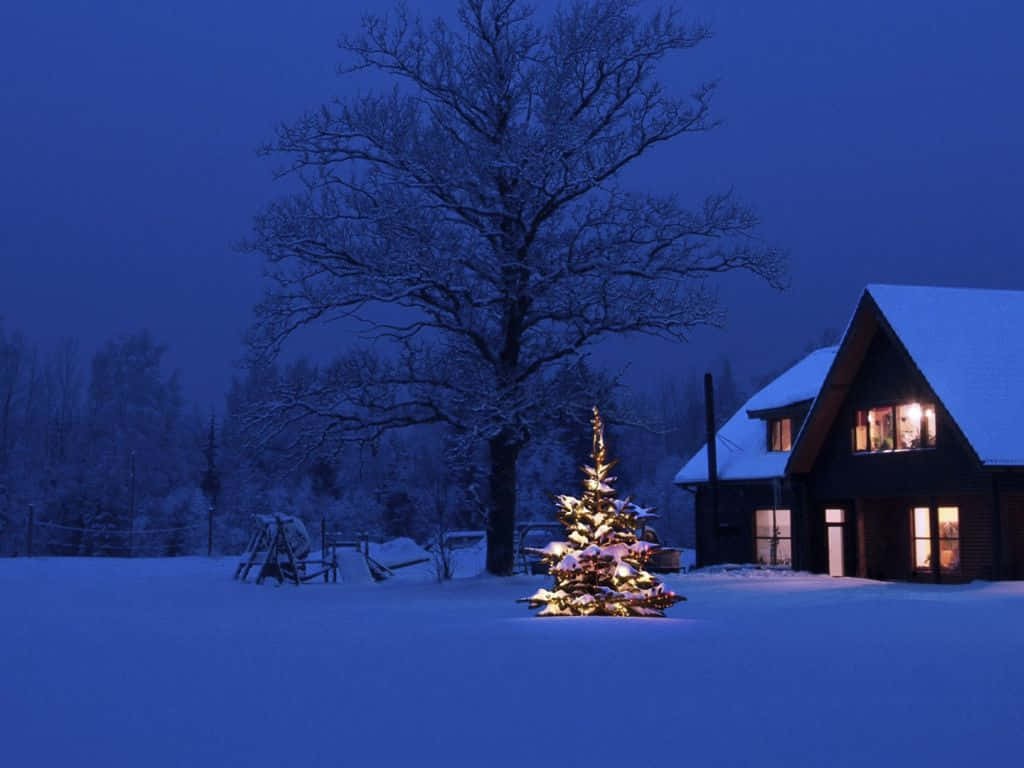 在雪夜中，溫馨的小屋有明亮的窗戶和裝飾的樹木。