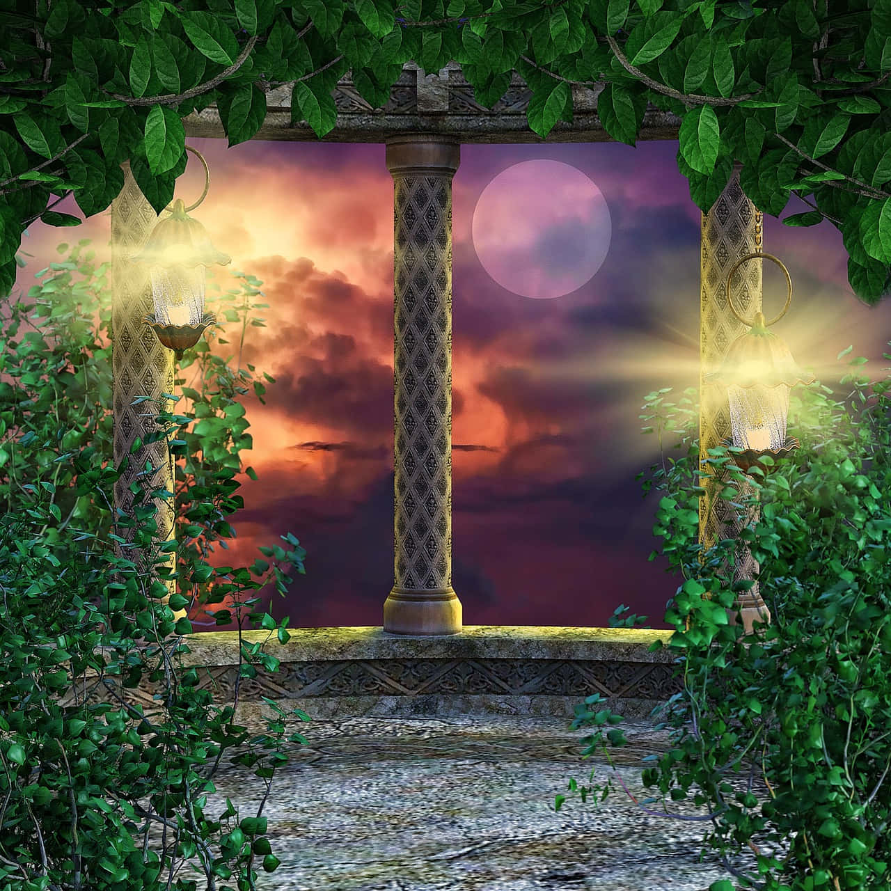 魔法背景：燈籠窗景 壁紙 — 一個被茂密綠色藤蔓環繞的石拱門，通向一個超現實的暮色天空，掛著發光的月亮和閃耀的燈籠。