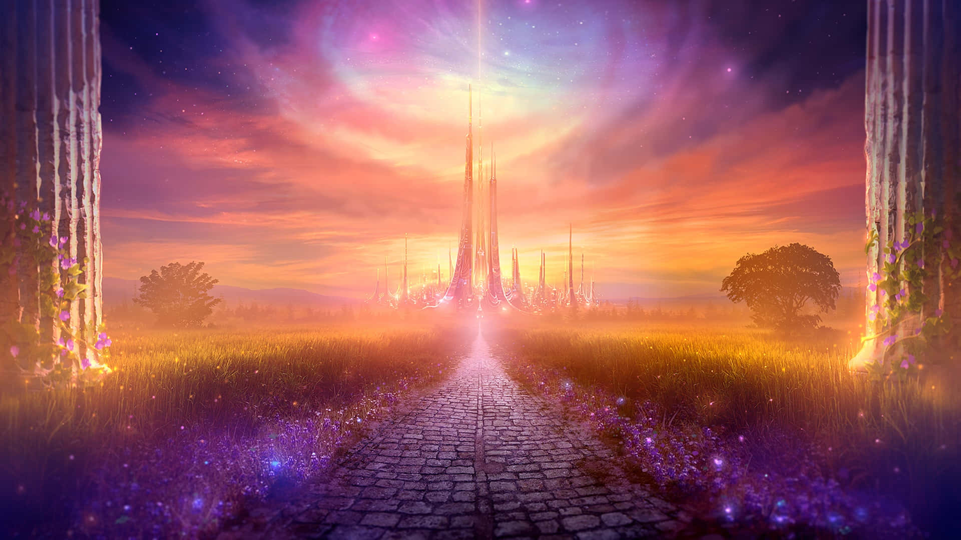 魔法背景：王國燈光 壁紙 — 一條鵝卵石小徑蜿蜒穿過發光的紫色草地，通往在 vibrant 日落天空下閃耀的未來城市。