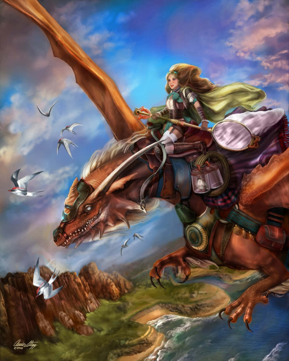 一位奇幻女戰士騎著龍飛越沿海景觀，伴有鳥兒。