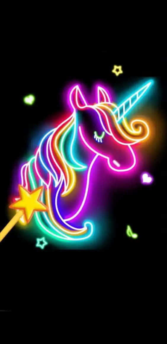 霓虹獨角獸，彩虹鬃毛和角在黑色背景上發光，帶有星星和愛心。