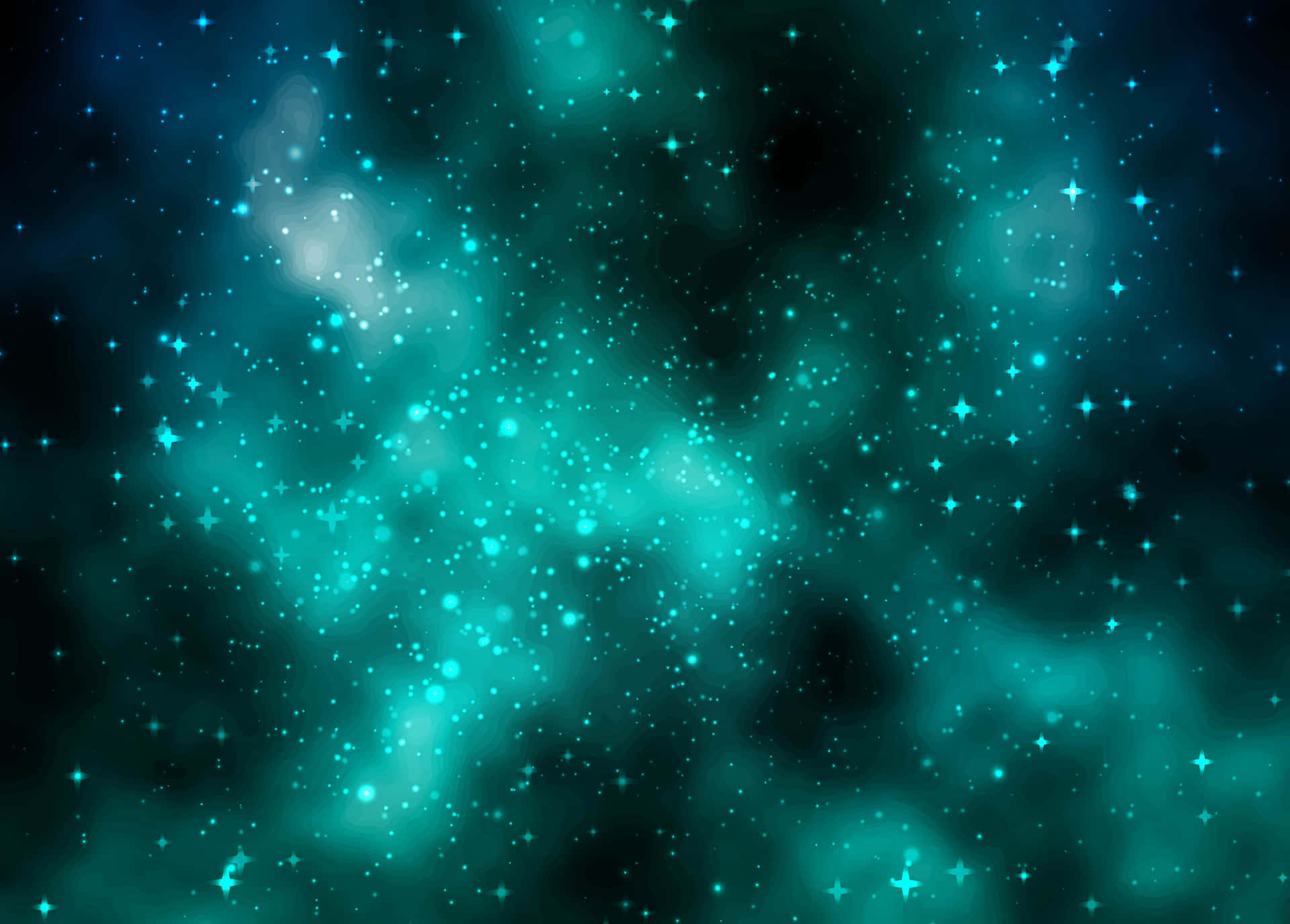 深空中帶有閃爍星星和發光宇宙雲的藍綠色星雲。