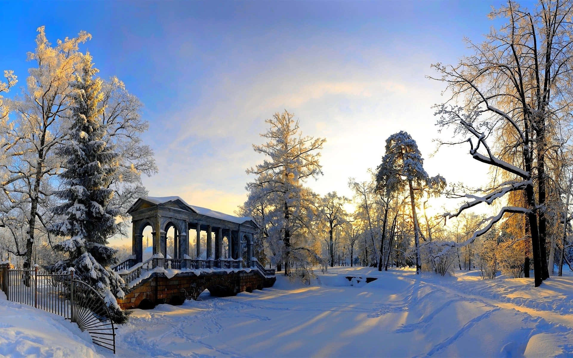 冬季公園，雪覆蓋的亭閣和樹木在日出光芒中閃耀。