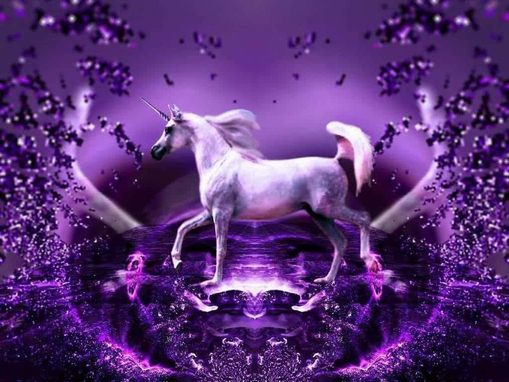 一匹白色獨角獸在帶有閃爍粒子的發光紫色魔法風景中奔跑。