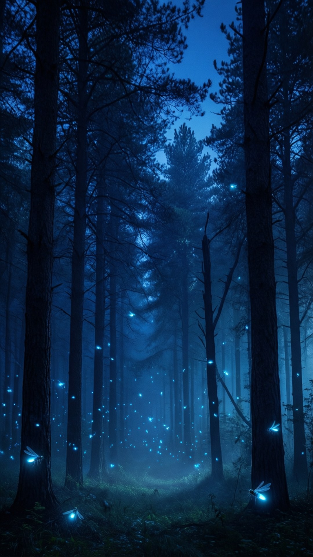 魔法藍色森林 壁紙 — 夜晚霧氣瀰漫的松樹林，被發光的藍色螢火蟲照亮，在高聳的樹木間飄蕩。
