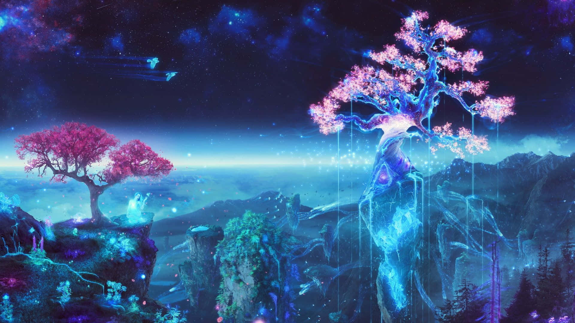 一棵發光的樹木矗立在懸崖上，下方是星光燦爛的宇宙天空，有浮島。