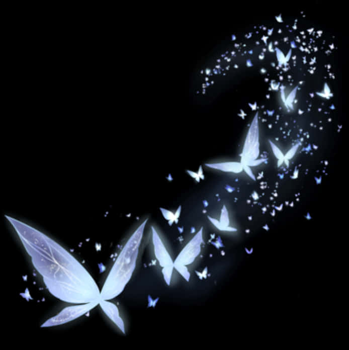 魔法藍色蝴蝶旋渦 壁紙 — 發光藍色蝴蝶在黑色背景上形成彎曲路徑，留下閃爍粒子。