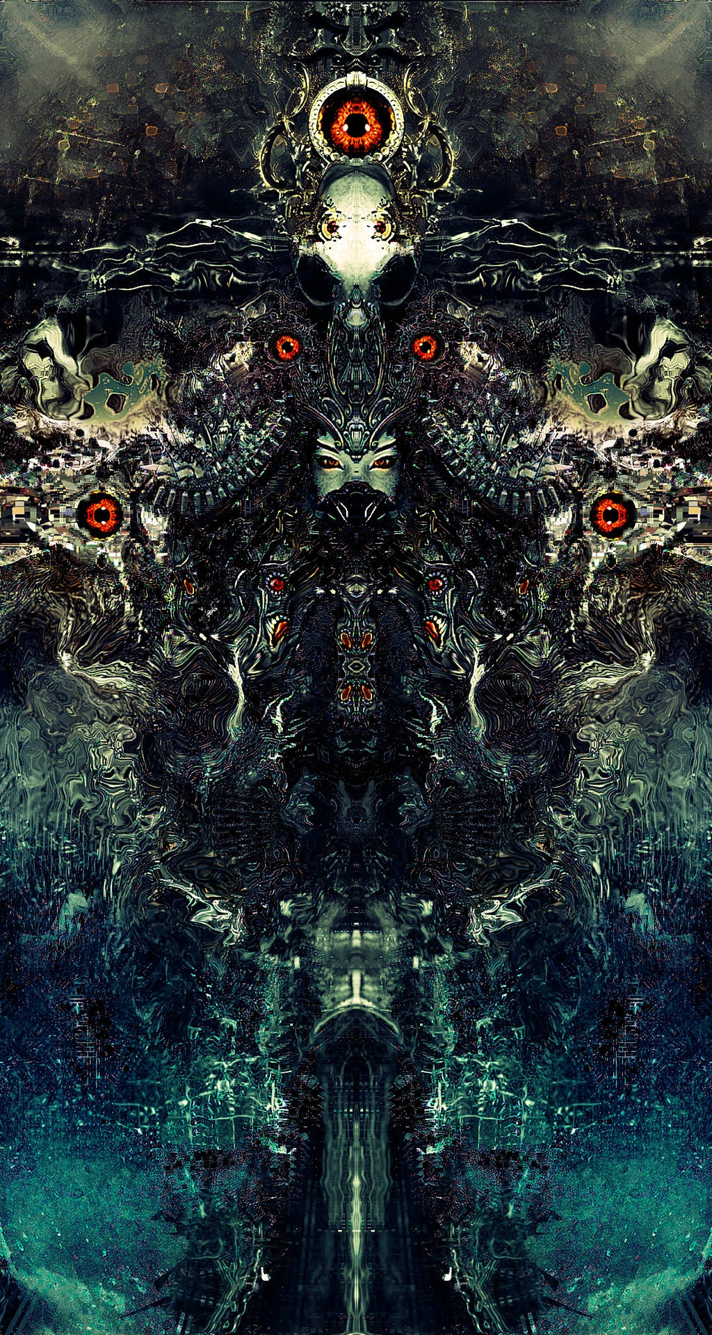 一個黑暗的抽象數碼藝術作品，描繪一個對稱的生物，帶有發光的紅色眼睛和華麗的圖案。