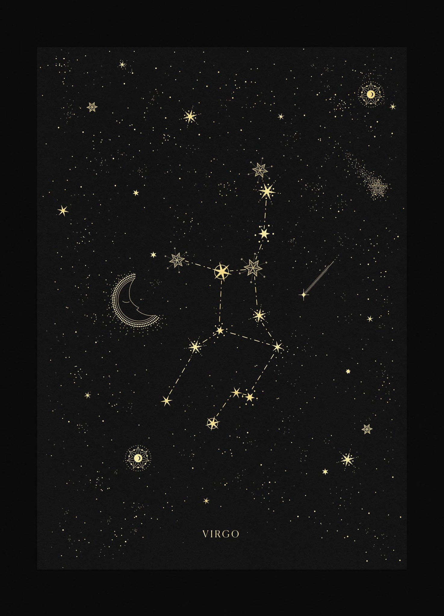 魔法處女座星座圖 壁紙 — 金色處女座星座的天體插圖，背景是繁星點點的黑色夜空，帶有新月和彗星。