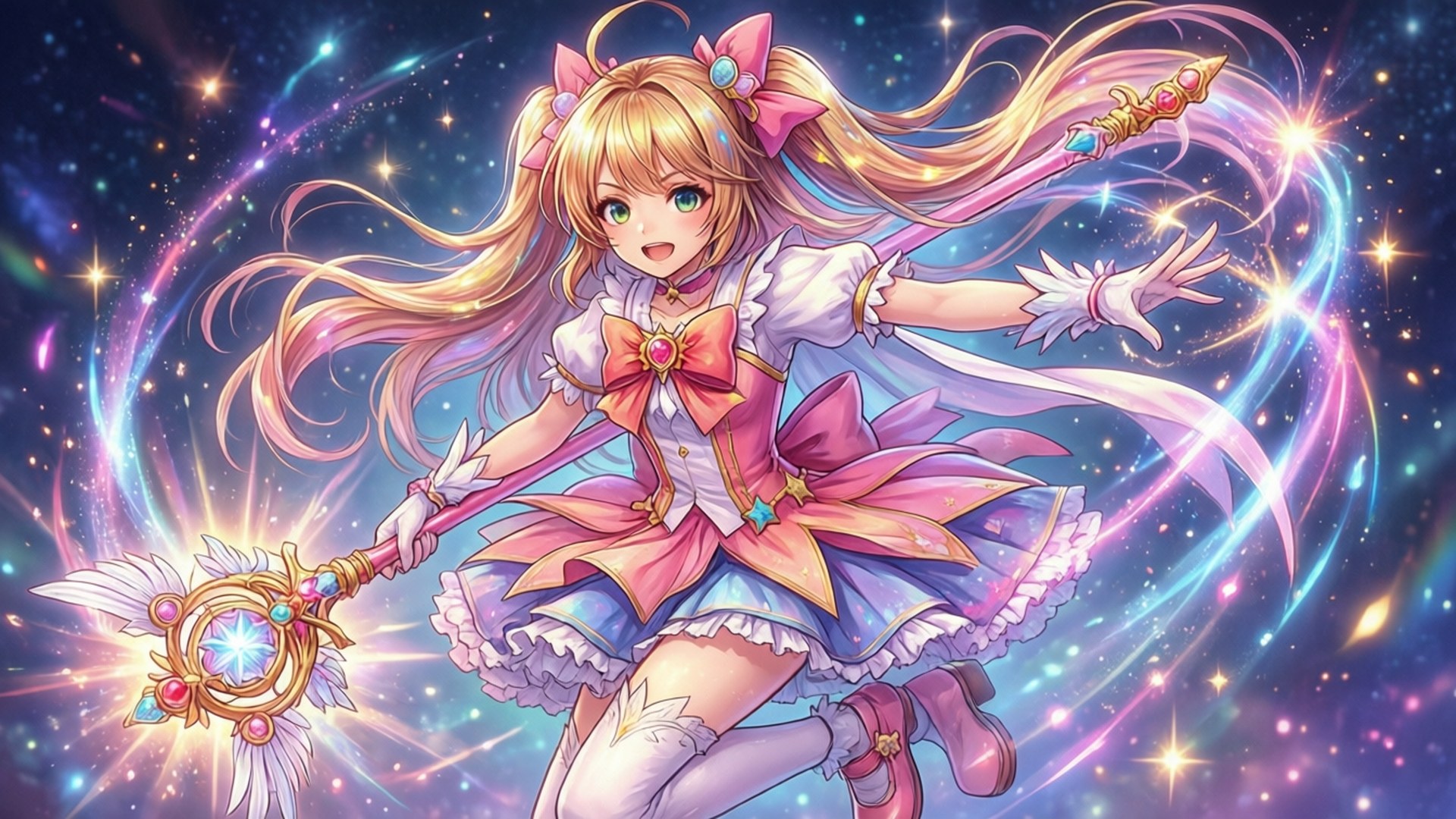穿著粉紅色連衣裙的動畫女孩，在星空背景下拿著發光的魔法杖