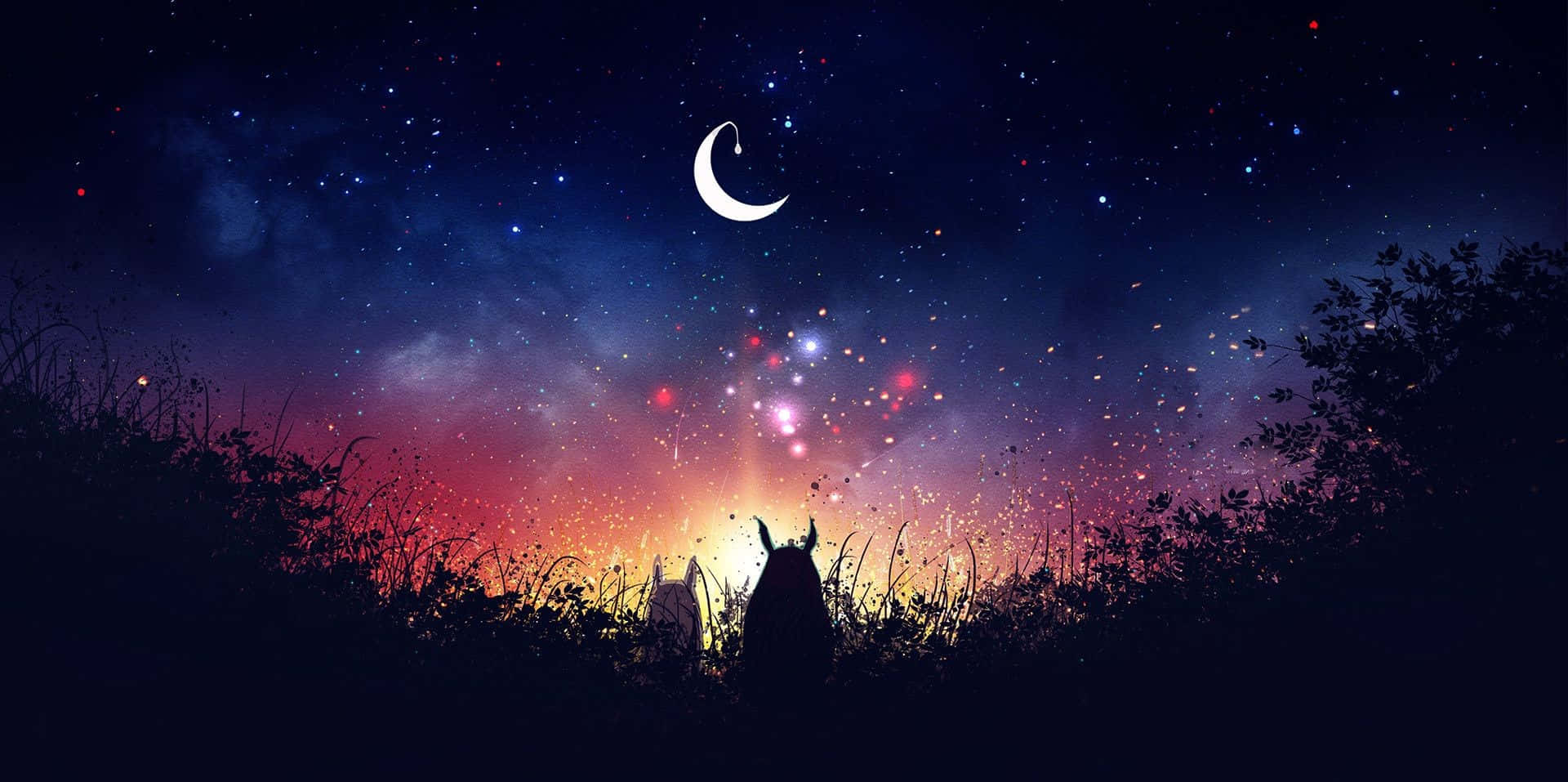 一個人凝視著色彩繽紛的夜空，有星星和新月的剪影。