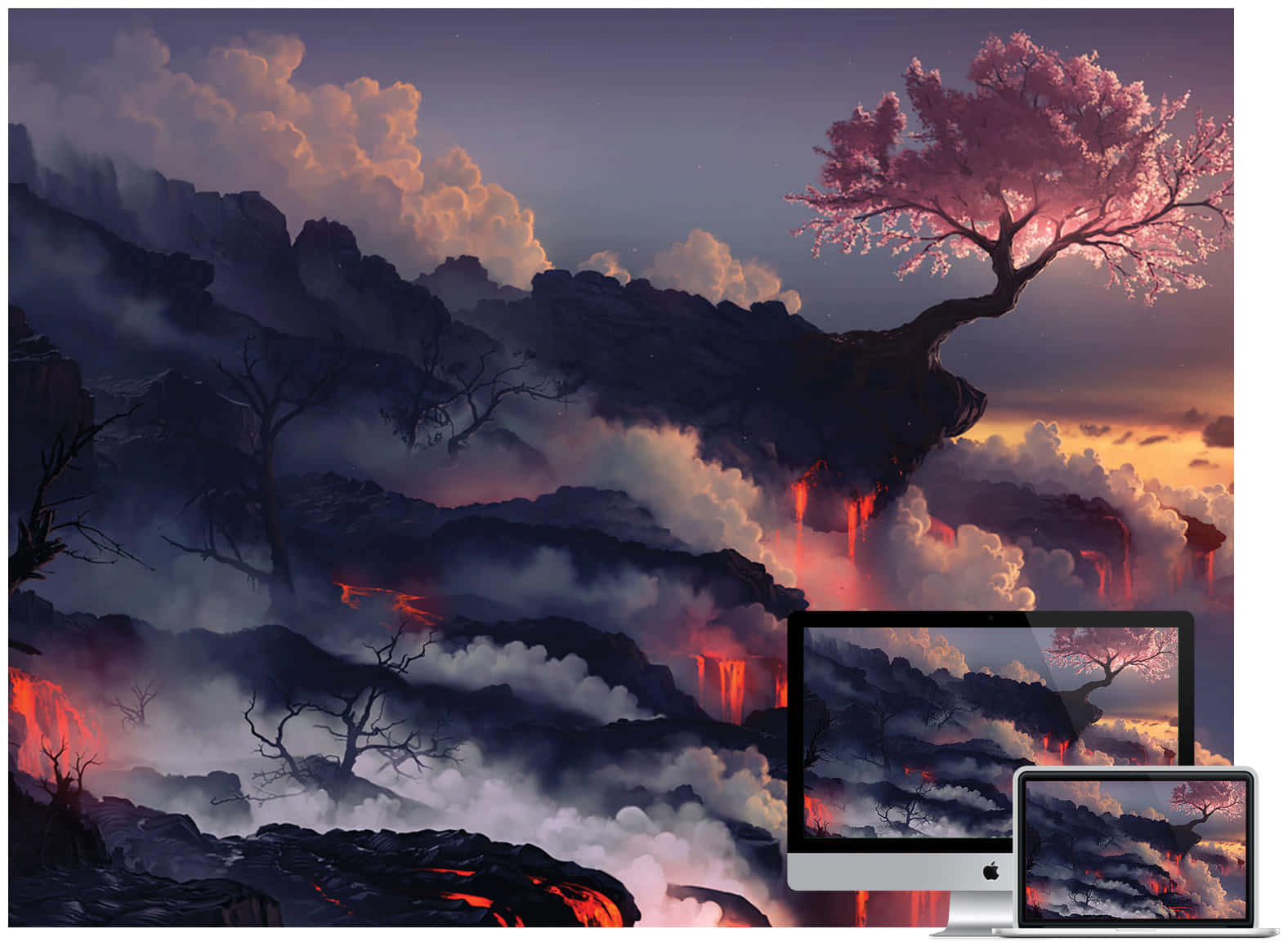 一棵櫻花樹在火山懸崖上，暮色中熔岩在下方流淌。