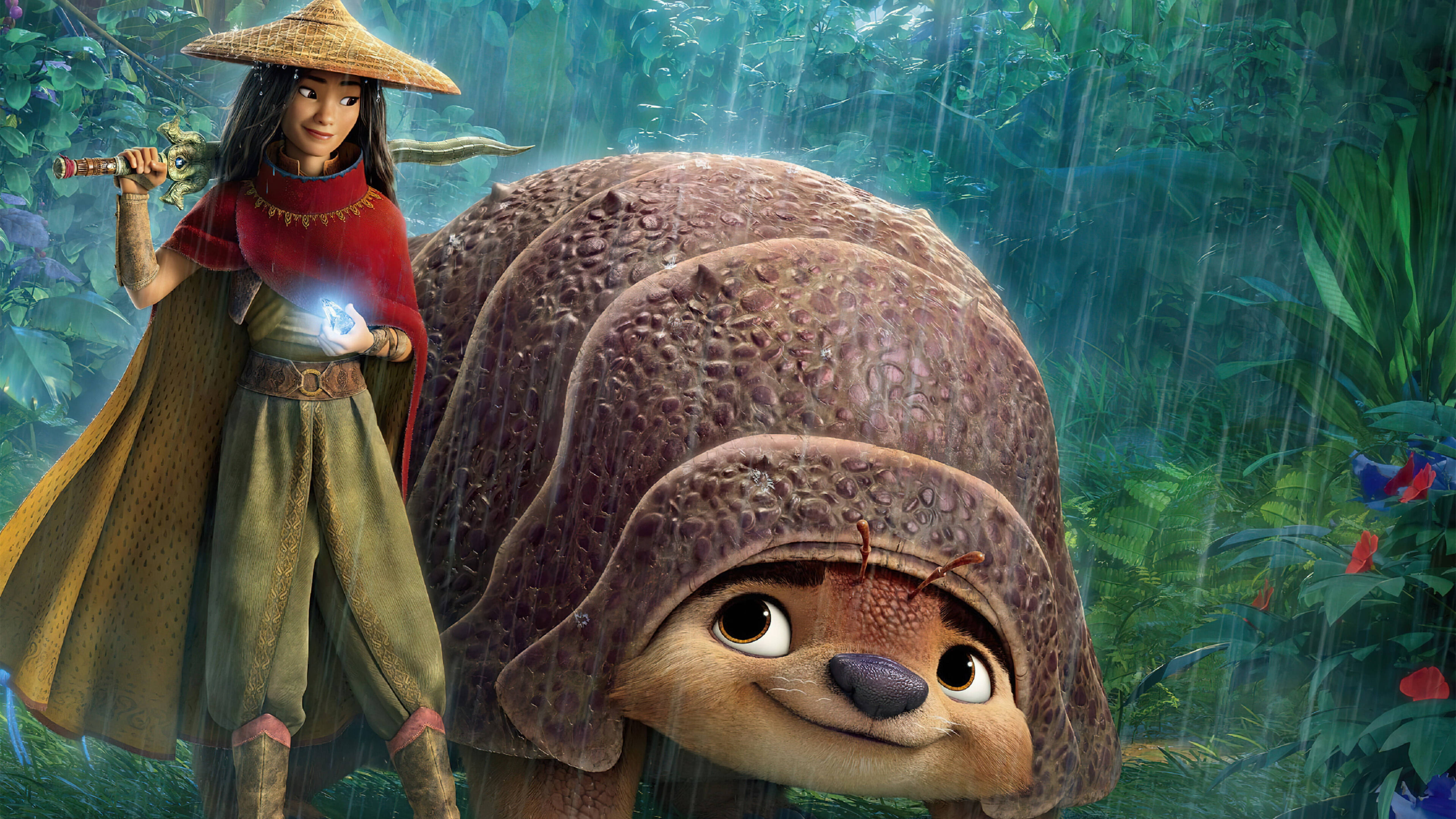 《魔海奇緣》雷亞與Tuk Tuk雨林 壁紙 — 一位戴草帽的年輕戰士站在一個大型裝甲生物旁邊，身處茂密潮濕的叢林中。