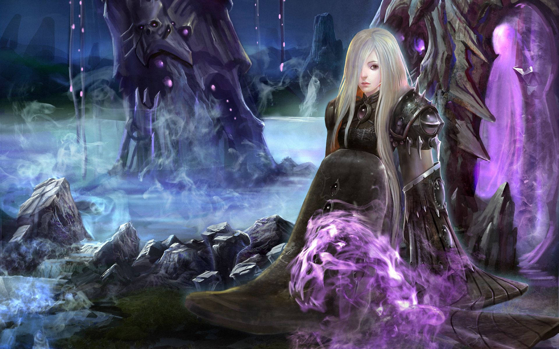 一位長白髮的奇幻戰士夜晚坐在神秘紫色光芒的廢墟中。