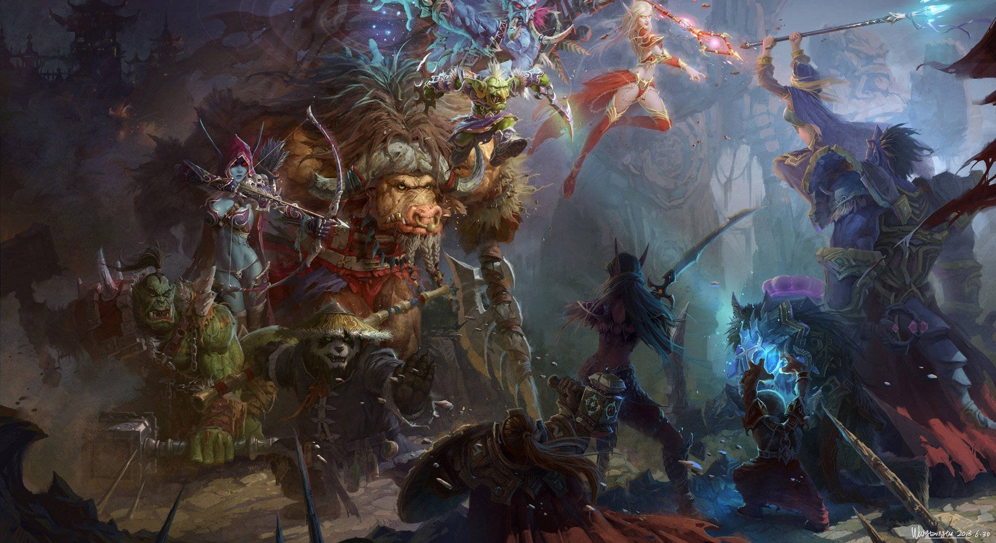 《魔獸世界》經典版 戰鬥場景 壁紙 — 奇幻戰士在黑暗神秘戰場上碰撞，伴隨著發光的魔法和史詩般的戰鬥。