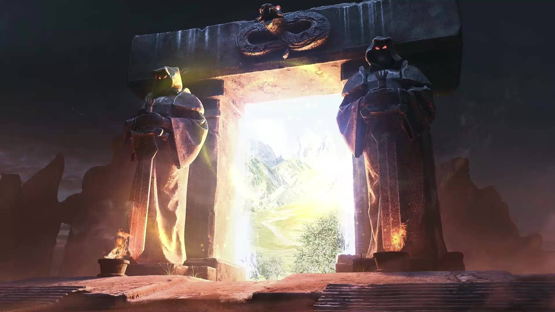 《魔獸世界》經典版 門戶 壁紙 — 兩個戴著兜帽的身影守衛著一個發光的石拱門，拱門後方顯現出一個陽光明媚的山谷。