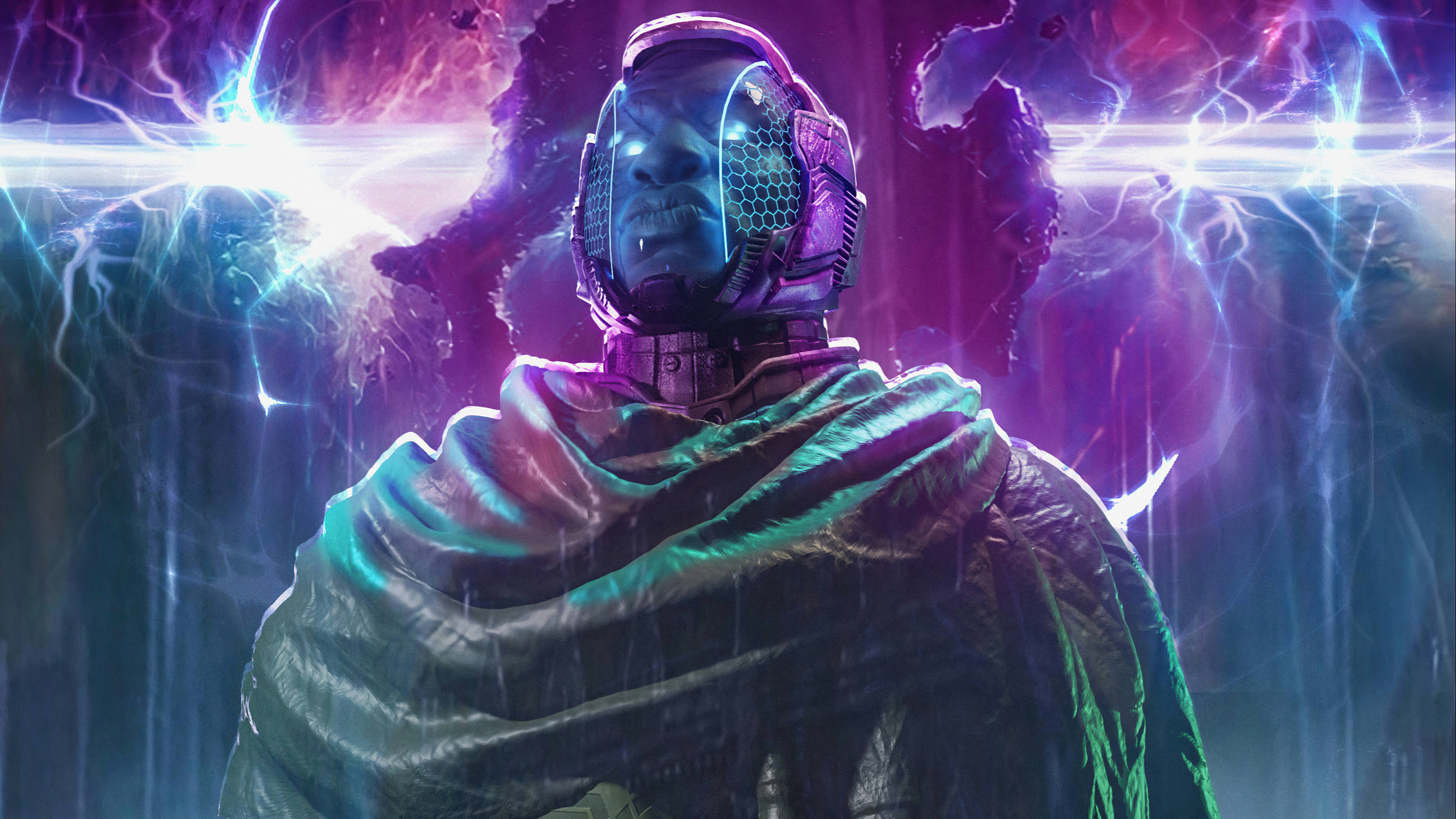 魔王康 Nexus 事件 壁紙 — 一個帶有發光頭盔和飄逸斗篷的威脅性宇宙實體，站在黑暗、風暴般的虛空中，周圍是噼啪作響的紫色和藍色能量。