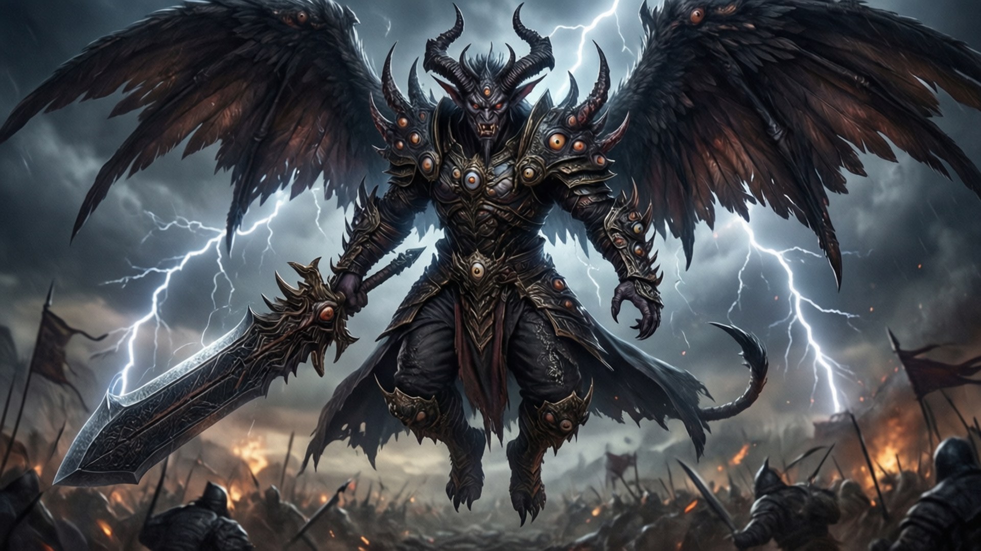 魔神形態崛起 壁紙 — 一個擁有黑色翅膀和角的惡魔軍閥，在閃電和燃燒的戰場中揮舞著帶刺的劍。