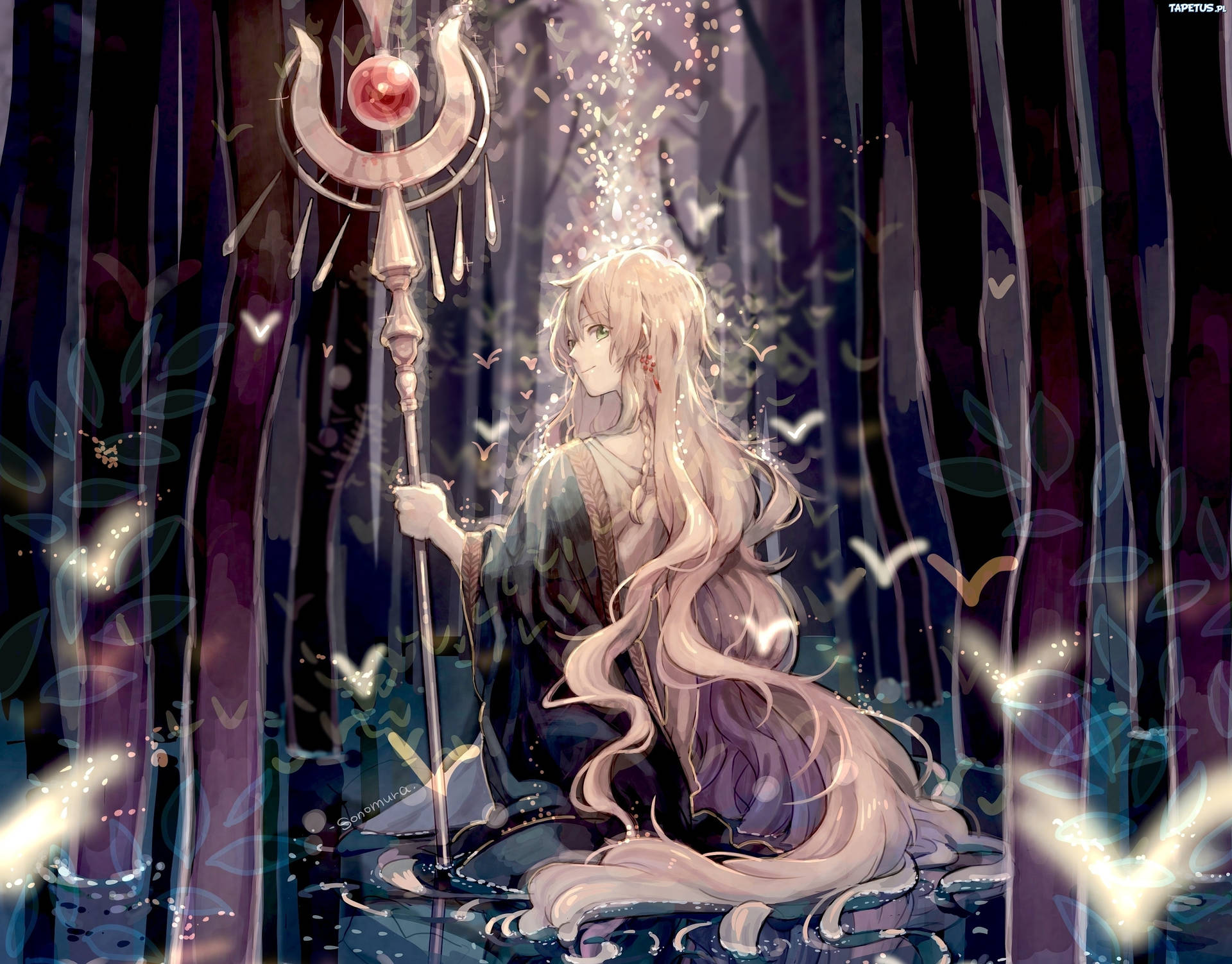 長髮動漫女孩在魔法森林中手持發光法杖，周圍有蝴蝶。