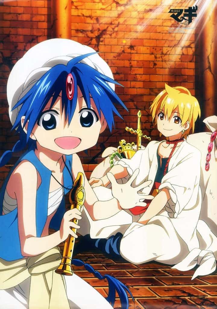 《魔笛MAGI》阿拉丁與阿里巴巴·沙爾賈動畫圖像 壁紙 — 兩個動漫角色坐在磚地板上，一個藍髮拿著長笛，另一個金髮拿著魔法燈，沐浴在溫暖的金色光芒中。