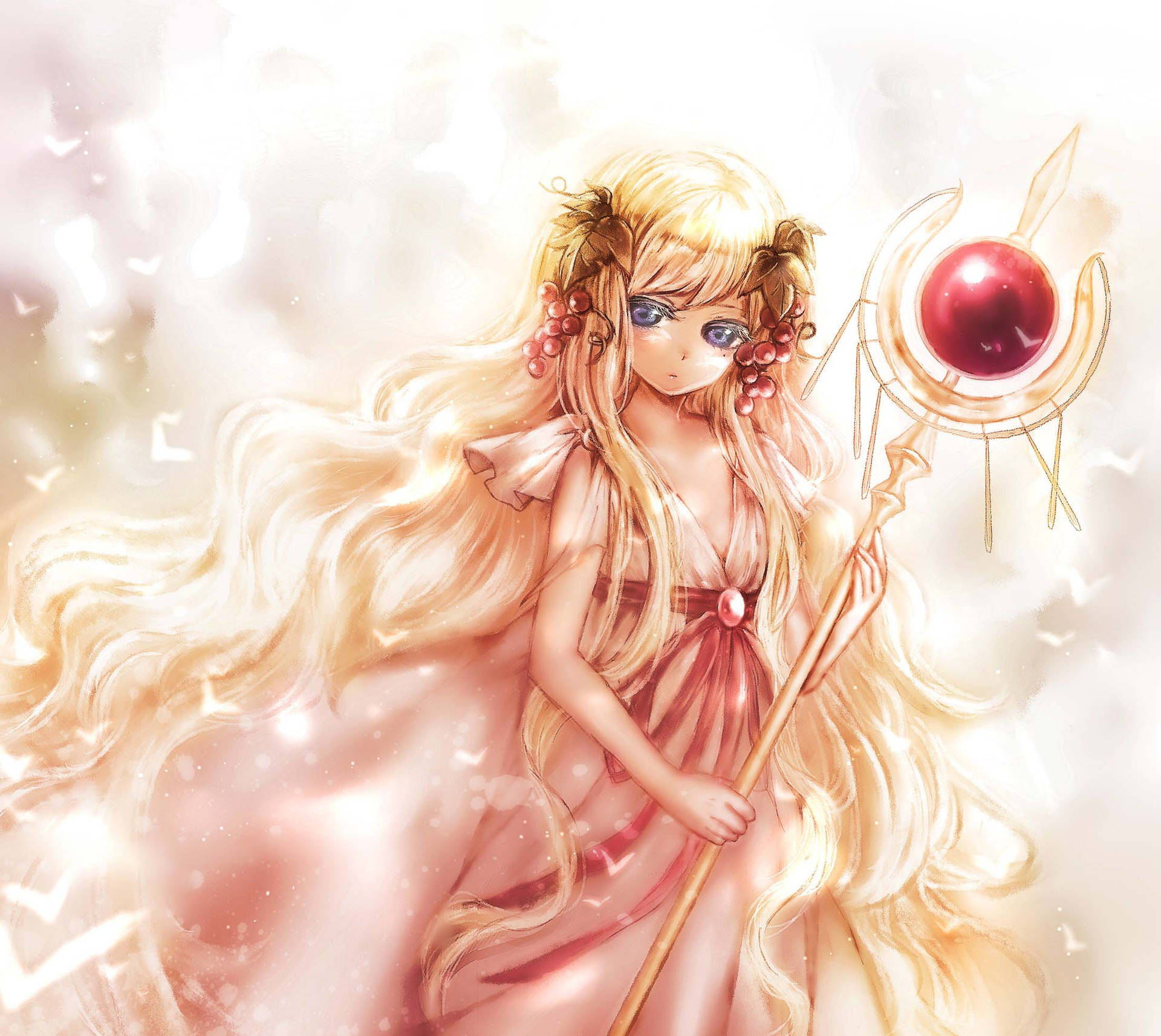 長金髮的動漫女孩在發光的魔法場景中手持帶有紅色球體的法杖。