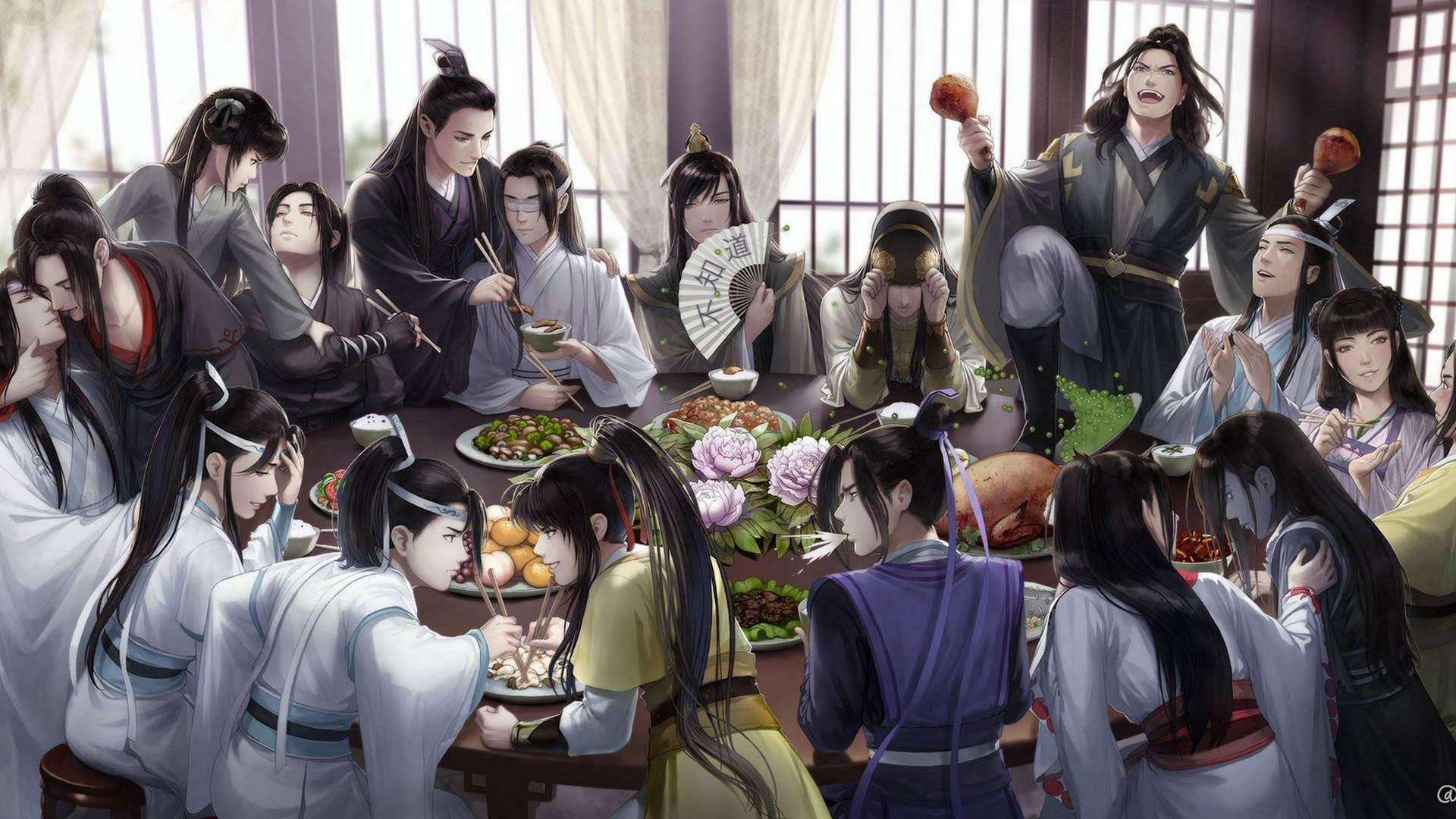 魔道祖師 家宴 壁紙 — 一群身穿傳統長袍的動漫風格學者，圍繞著擺滿色彩繽紛菜餚和鮮花的桌子歡宴。