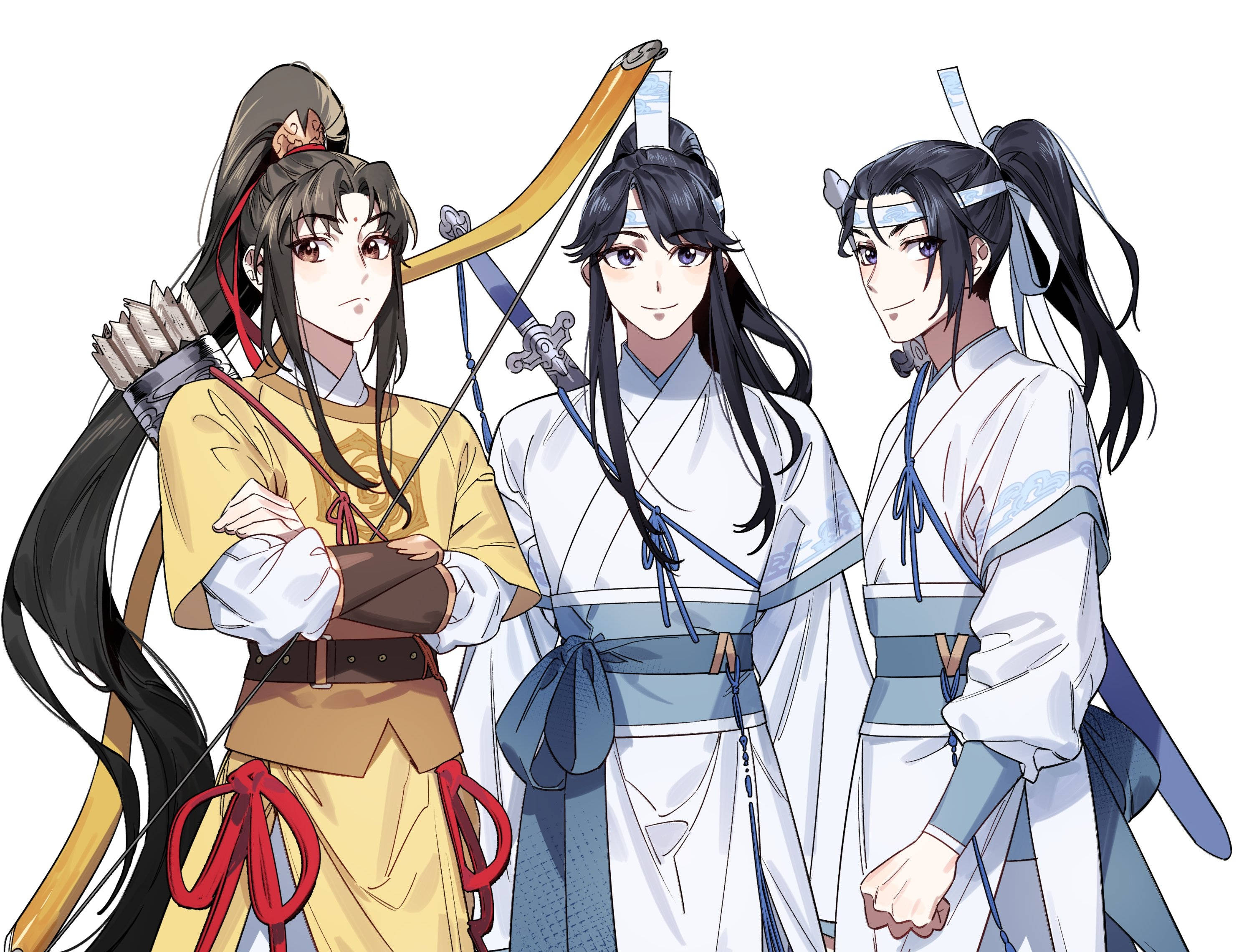 《魔道祖師》少年群像 壁紙 — 三位動漫風格的戰士穿著傳統長袍，自信地手持弓箭和劍，背景為純白色。