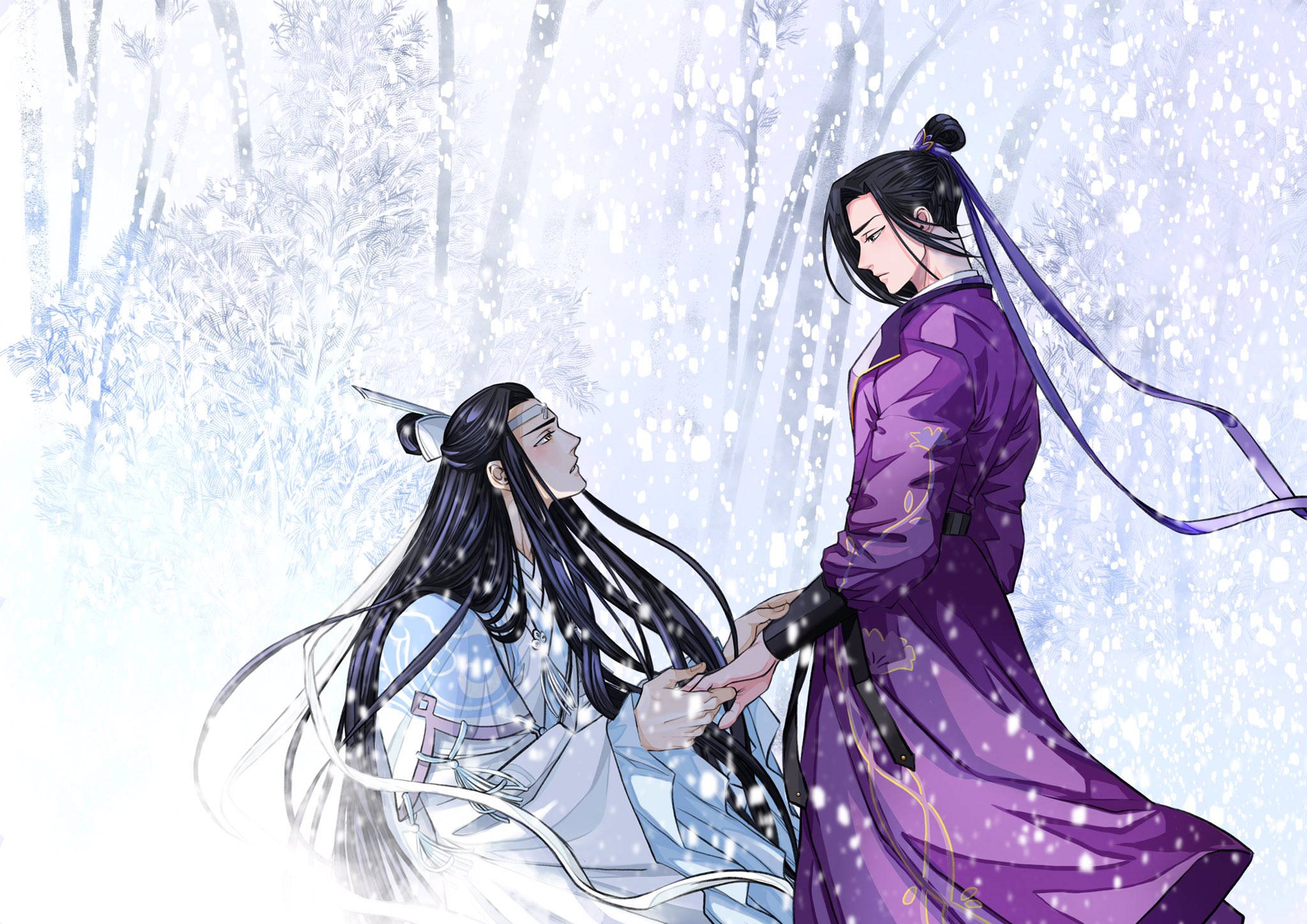 魔道祖師 志澄夫妻雪中 壁紙 — 兩個穿著傳統長袍的動漫角色在寧靜的冬日森林中，在飄雪中牽手。