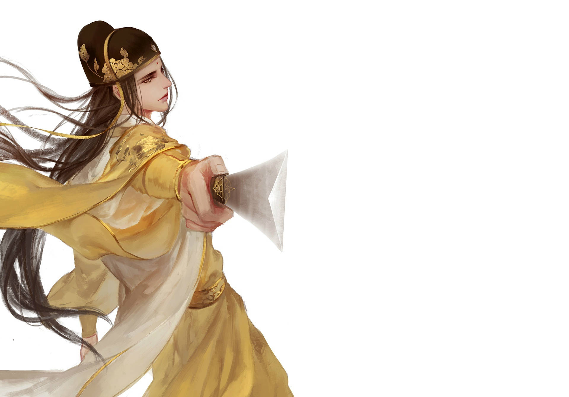 魔道祖師 江家宗主金光耀 壁紙 — 一位優雅的動漫戰士身穿飄逸的金色長袍，在純白背景中揮劍，頭髮隨風飄揚。