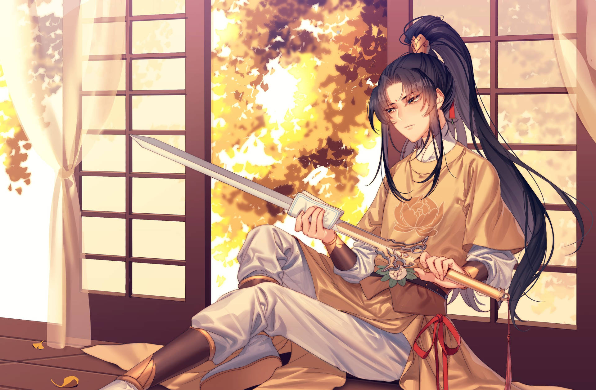 身穿傳統長袍的年輕劍士在秋葉窗邊手持武士刀。