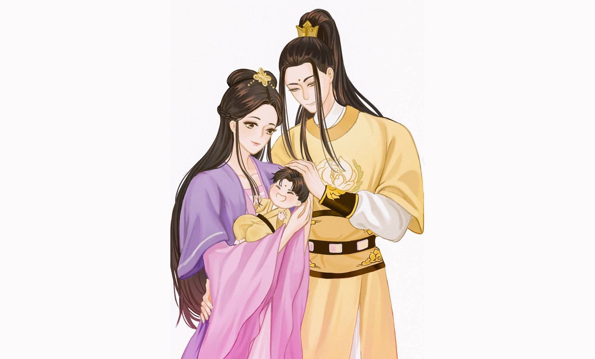 魔道祖師 江澄一家 壁紙 — 一幅溫馨的動畫風格家庭肖像，一對穿著傳統長袍的夫婦抱著一個微笑的孩子，背景是純白色。