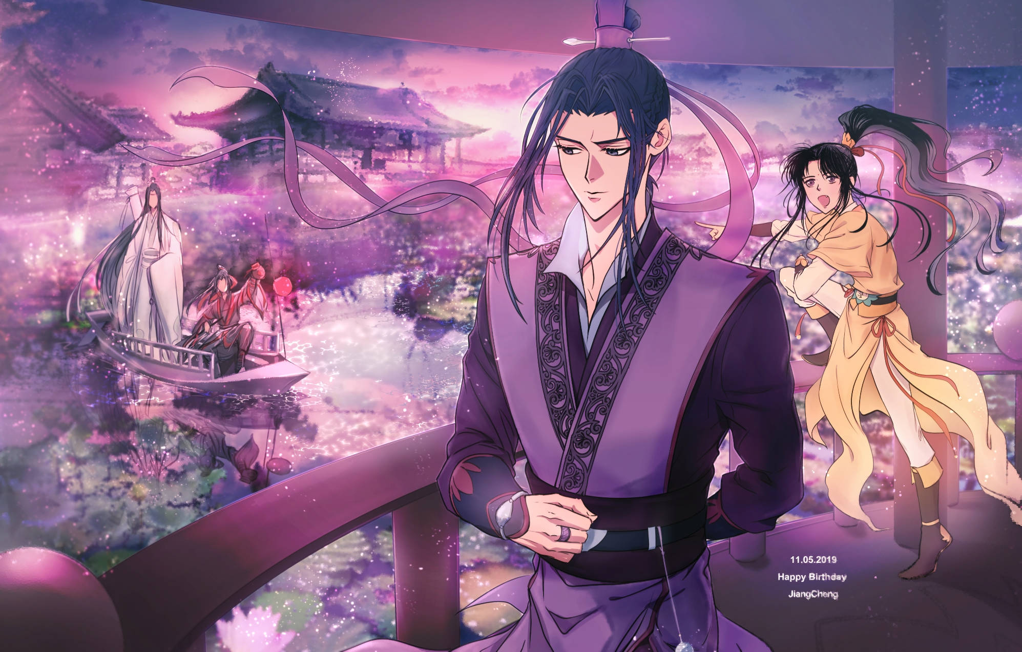 《魔道祖師》江澄與王氏夫婦 壁紙 — 一個寧靜的動漫場景，一個穿著紫色長袍的男人站在陽台上，俯瞰著發光的粉紅色和紫色幻想景觀，有漂浮的燈籠和傳統建築。