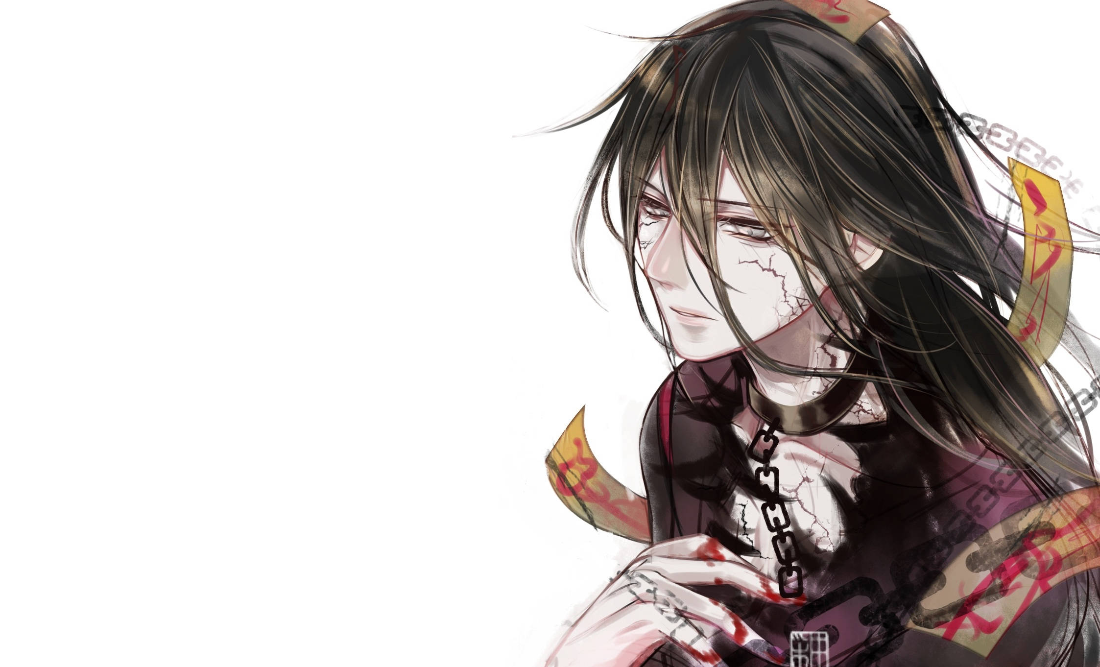 《魔道祖師》溫寧 壁紙 — 一個憂鬱的動漫角色，深色頭髮，皮膚龜裂，戴著鏈條項圈，背景是純白色。