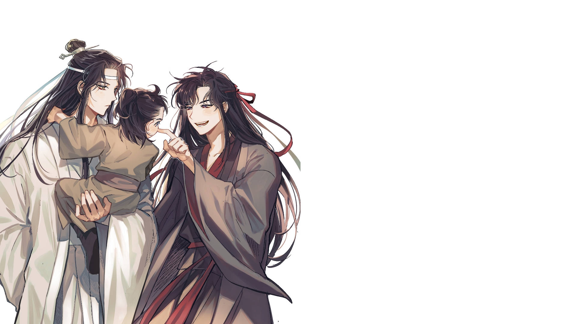 《魔道祖師》溫馨王氏家庭 壁紙 — 三個穿著傳統長袍的動漫角色在純白背景前分享溫馨時刻。