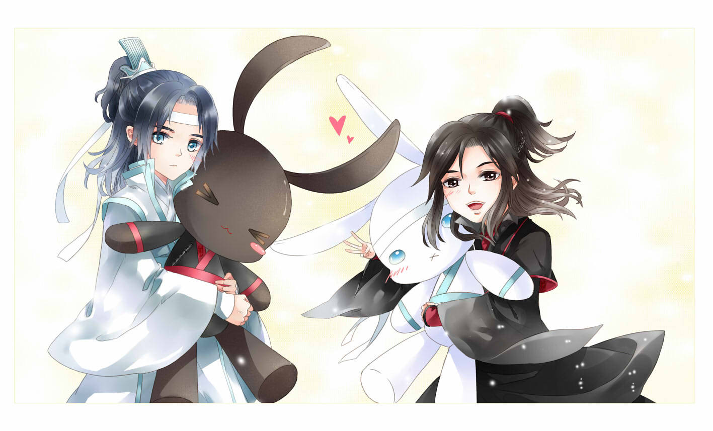 兩個穿著傳統服裝的動漫女孩在發光的背景下抱著兔子毛絨玩具。