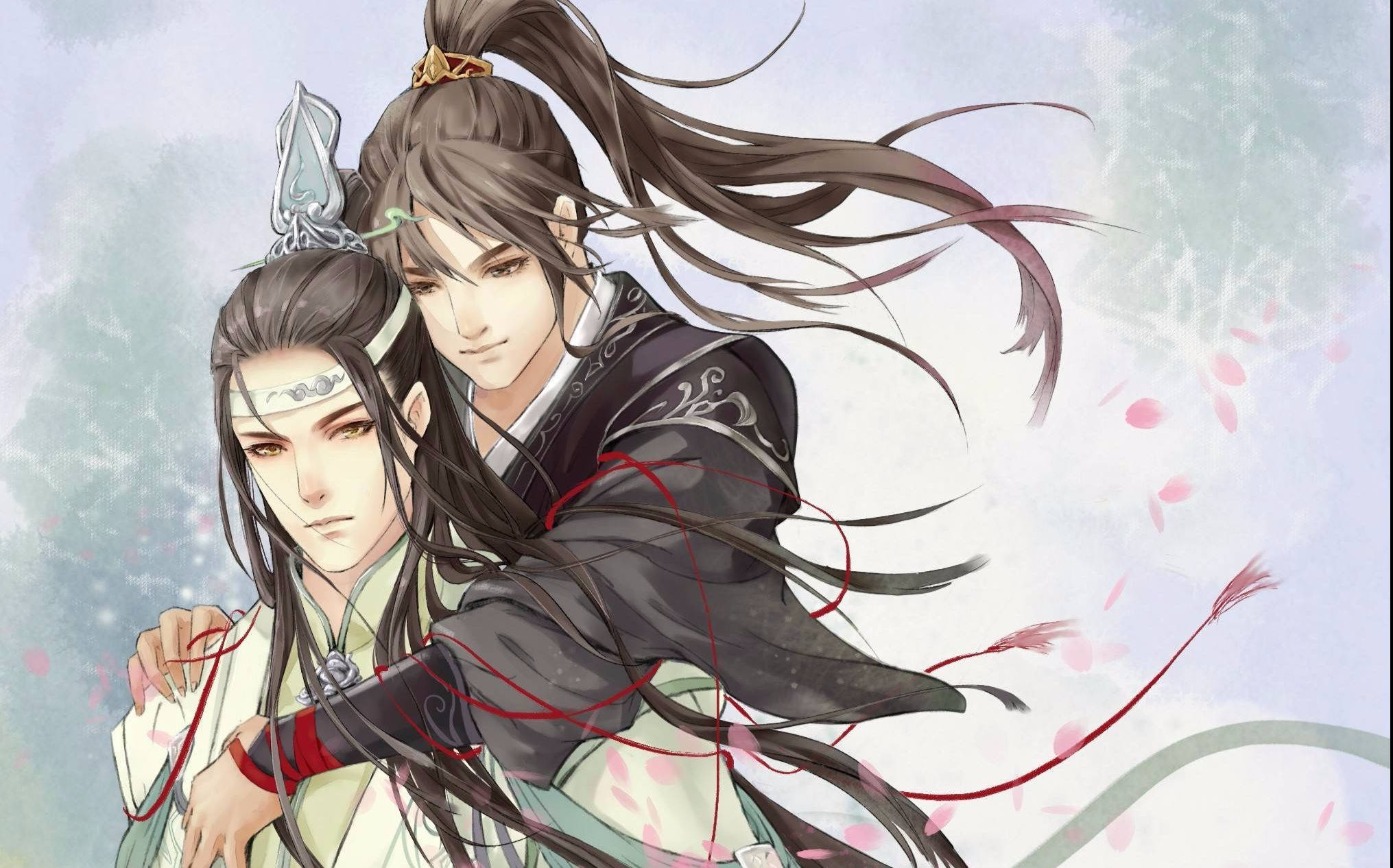 魔道祖師 王權 壁紙 — 兩位衣著優雅的動畫男子在柔和的天空下，在飄落的櫻花中擁抱。