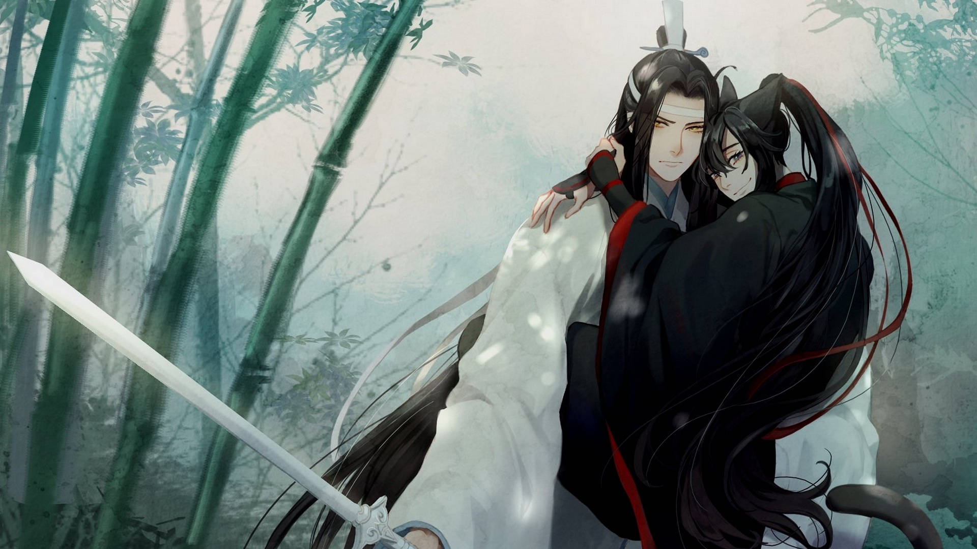 魔道祖師 王權同人圖 壁紙 — 兩位動漫戰士在霧氣瀰漫的竹林中擁抱，一人手持劍，雪花在他們周圍飄落。