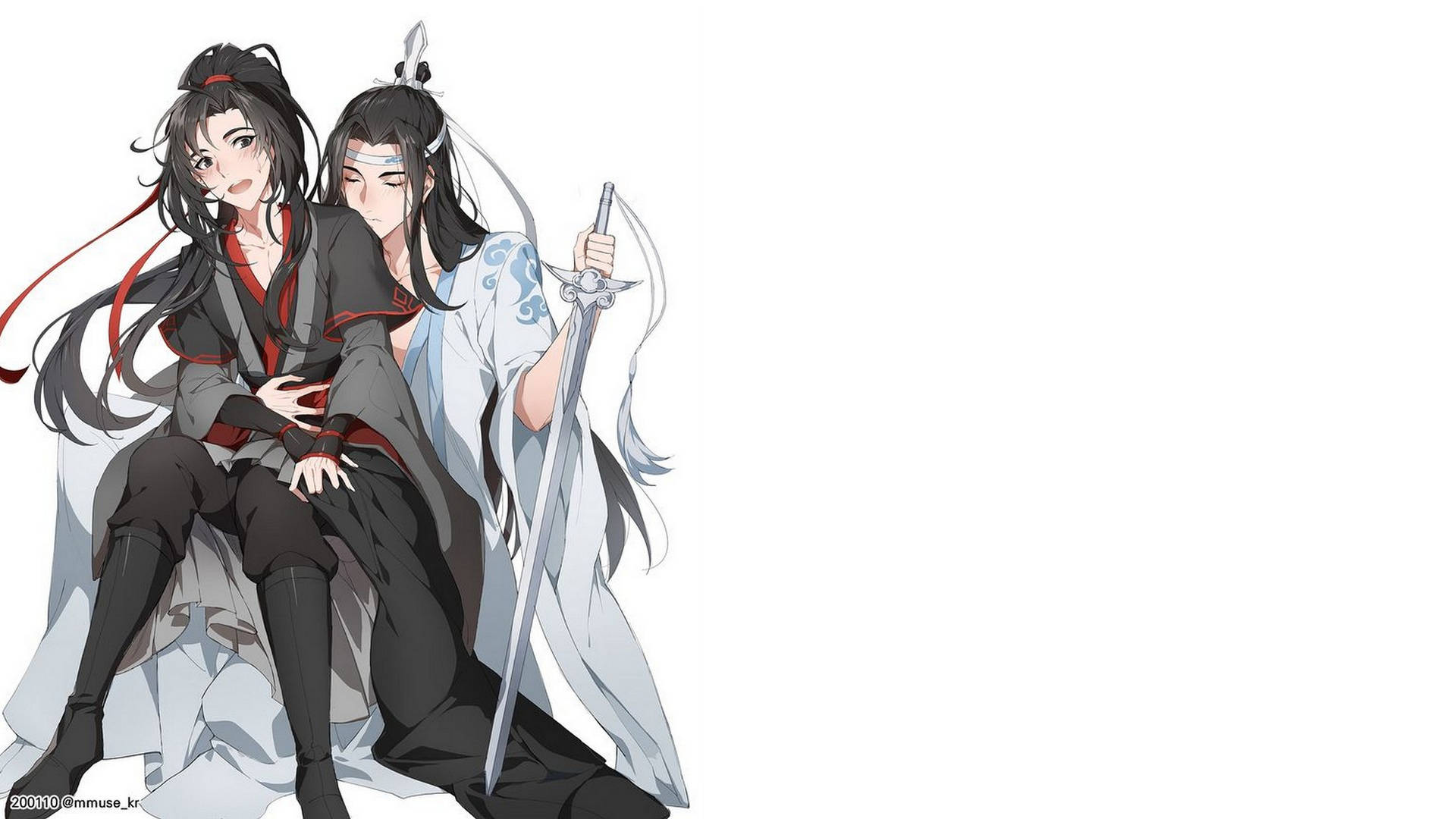 魔道祖師 王權甜蜜時光 壁紙 — 兩個穿著傳統長袍的動漫角色，其中一個拿著劍，一起坐在純白色背景前。