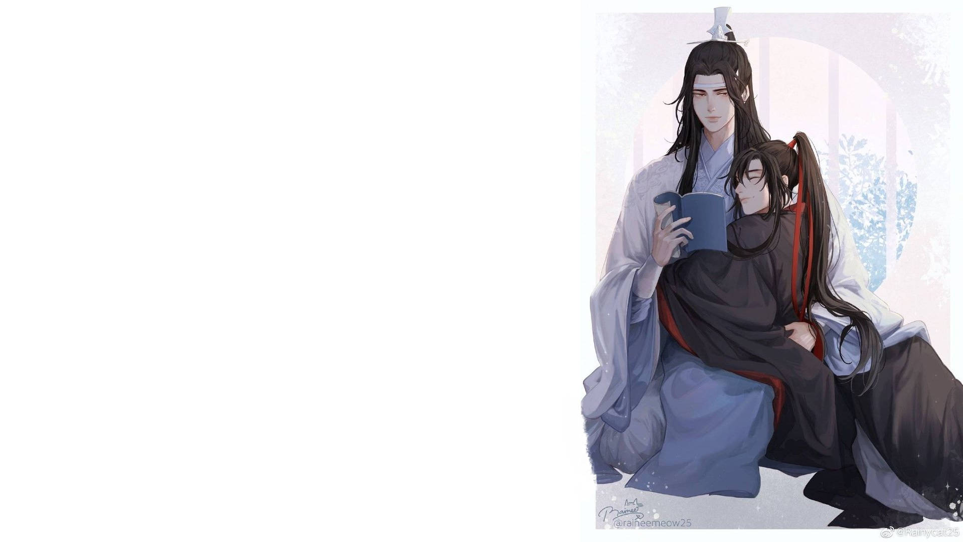 魔道祖師 王權篇漫畫 壁紙 — 兩位穿著傳統長袍的動畫男性親密地坐著，一位在讀書，另一位靠在他身上，房間柔和，有窗戶，色調柔和。