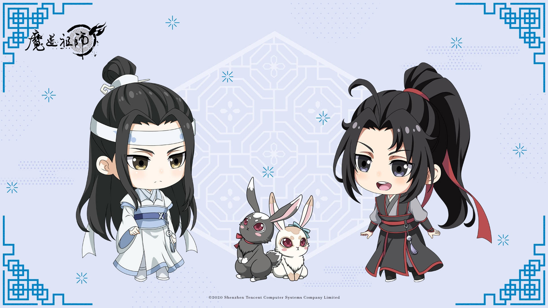 《魔道祖師》王氏夫婦 Q 版 壁紙 — 兩個穿著傳統長袍的Q版動漫角色站在兩隻兔子旁邊，背景是淺藍色圖案。