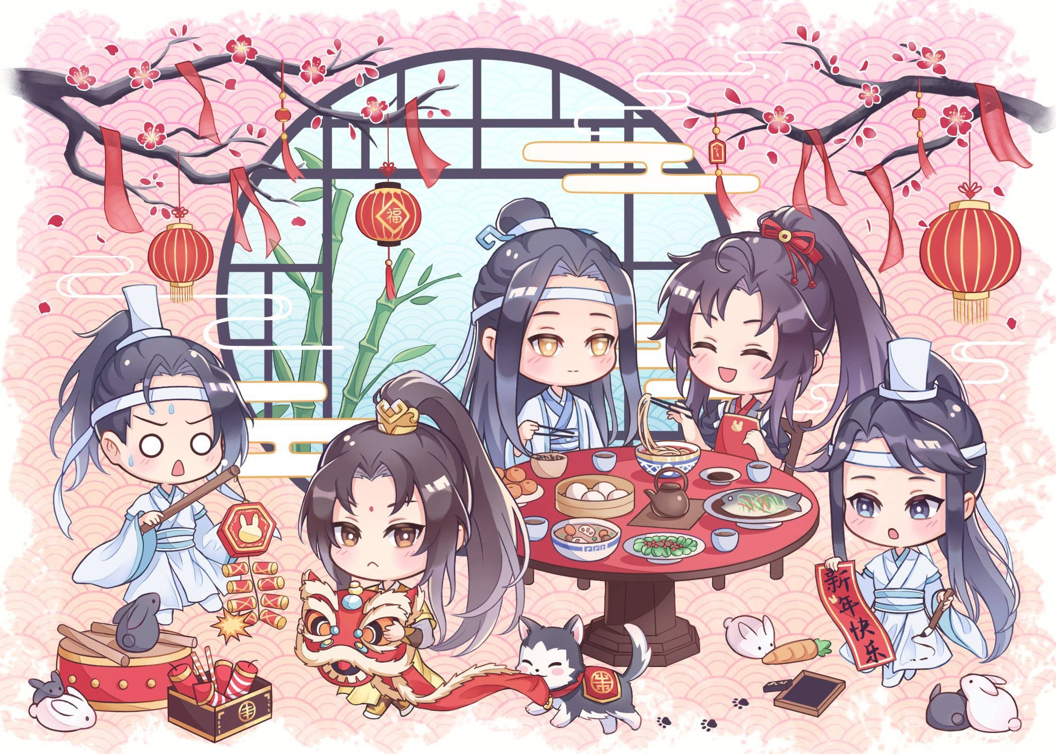 魔道祖師新年Q版 壁紙 — 身著傳統中國服飾的Q版動漫角色圍繞著掛有燈籠和餃子的節日餐桌慶祝農曆新年。