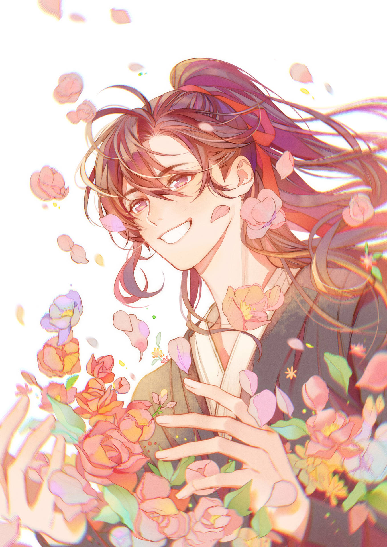 長髮的動漫男孩微笑著，色彩繽紛的花朵在他周圍漂浮。