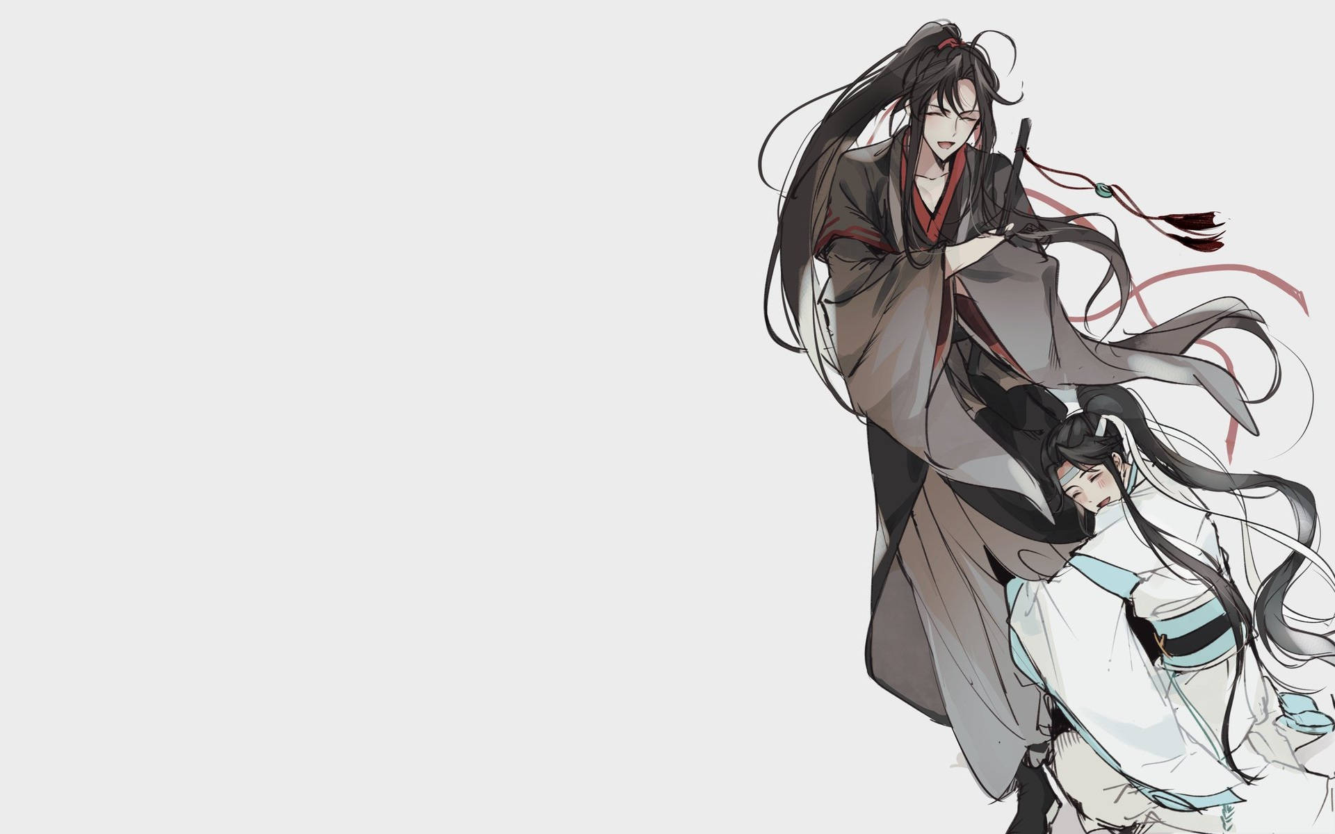 魔道祖師魏無羨與藍思追 壁紙 — 兩個動漫角色穿著飄逸的傳統長袍，在純色背景前動態擺姿勢，頭髮和布料有戲劇性的飄動。