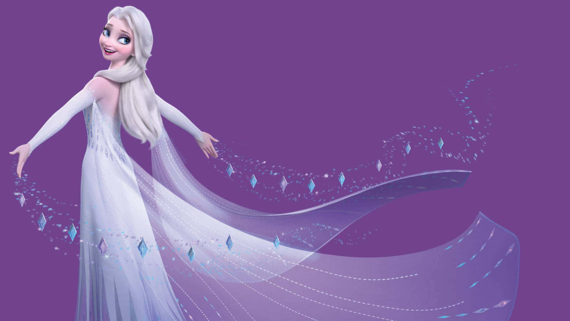 魔雪奇緣2 桌布 壁紙 — 《魔雪奇緣》中的愛莎優雅地伸展雙臂，她的冰魔法化作閃爍的藍色水晶，在充滿活力的紫色背景上流動。
